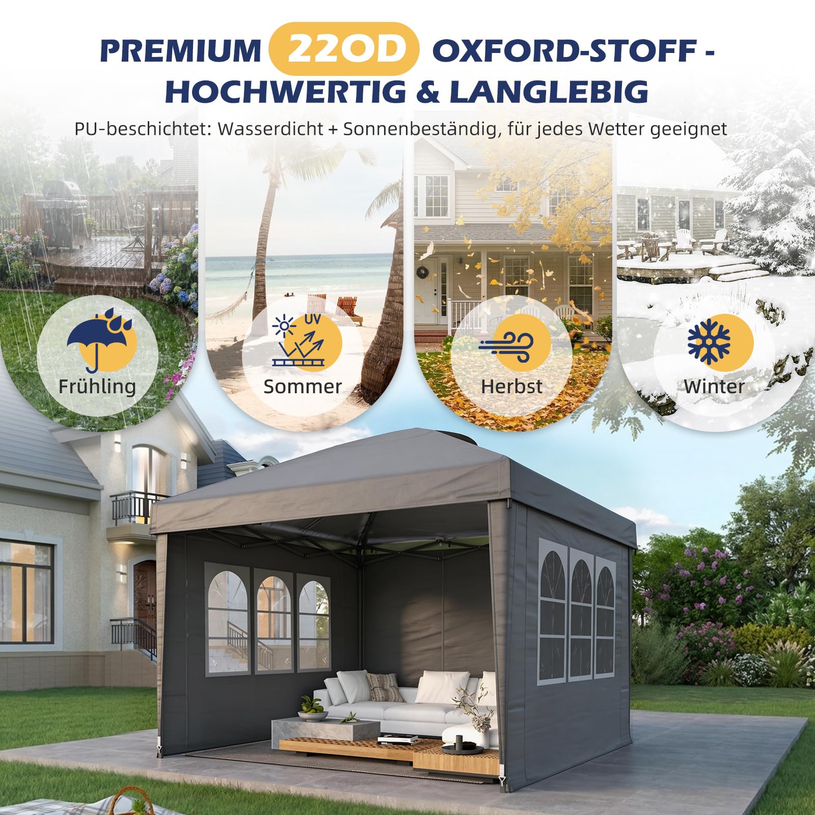 Pavillon 3x3, Pop Up Faltpavillon mit Seitenwänden & Sandsäcken Grau | Wasserdicht Stabil Partyzelt Faltbar mit Tragetasche, UV Schutz 50+ fur Garten Party Camping, Höheverstellbar