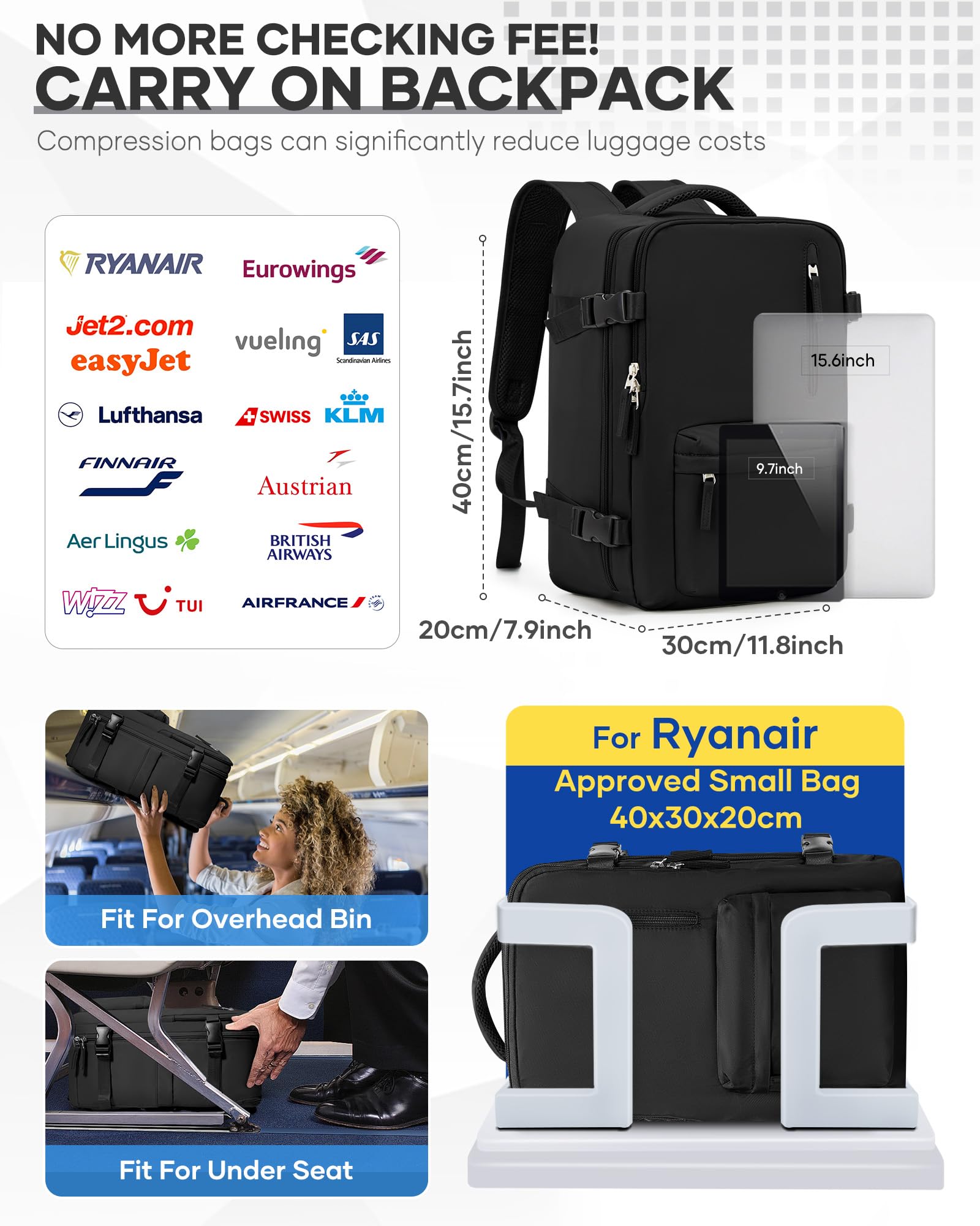 SZSYCN Vacuum Backpack Travel Bag With Pump Ryanair Cabin Bags 40x30x20 Underseat Ryan Air Hand Luggage 40 x 20 x 25 Carry On Baggage For Flights Backpack With Compression System — view 3