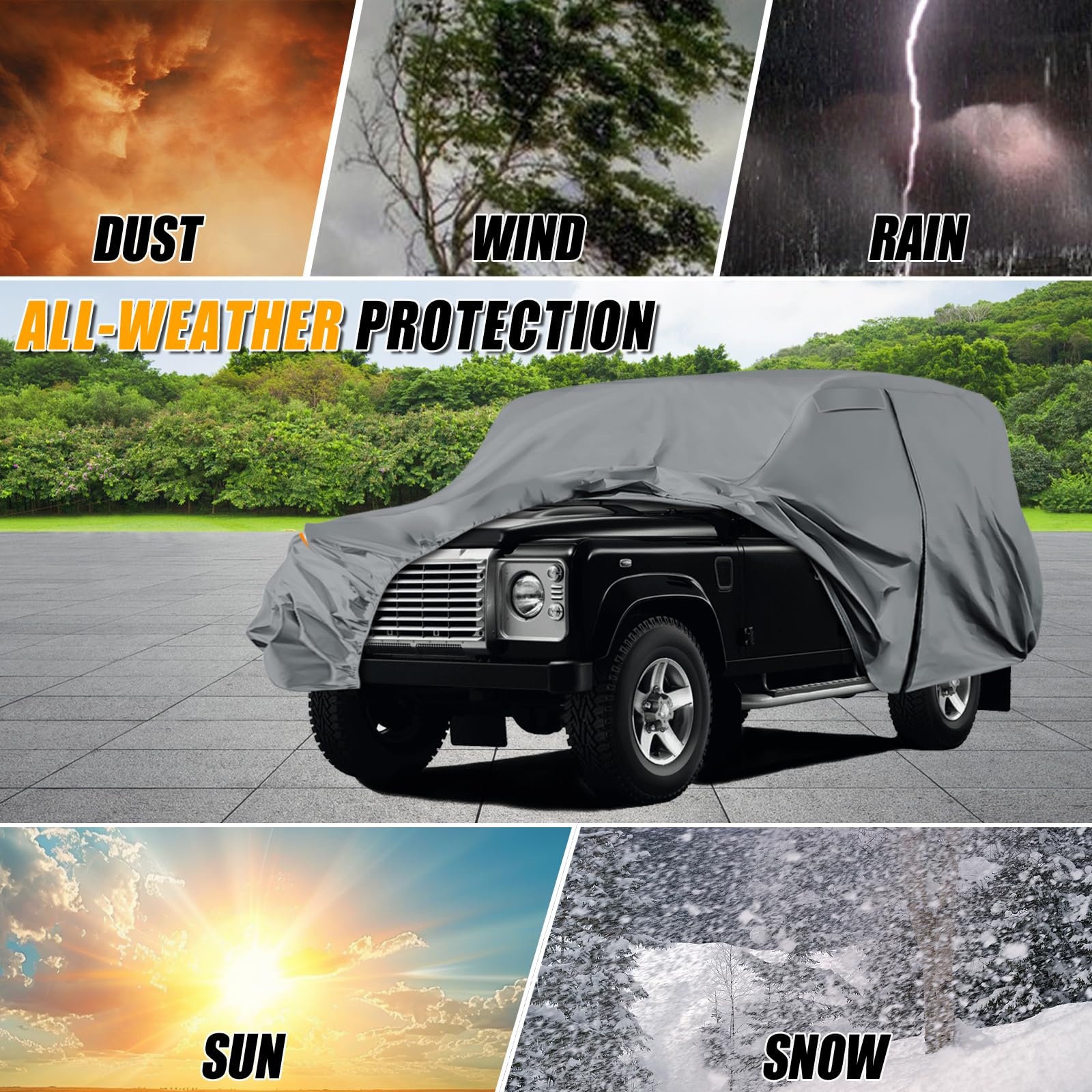 Autoabdeckung Wasserdicht für Land Rover Defender 110 1990-2016 | Grau Vollgarage Autoplane Auto Abdeckplane Winter Sommer Allwetter Outdoor Abdeckung mit Reißverschluss Tür, Windschutzbänder