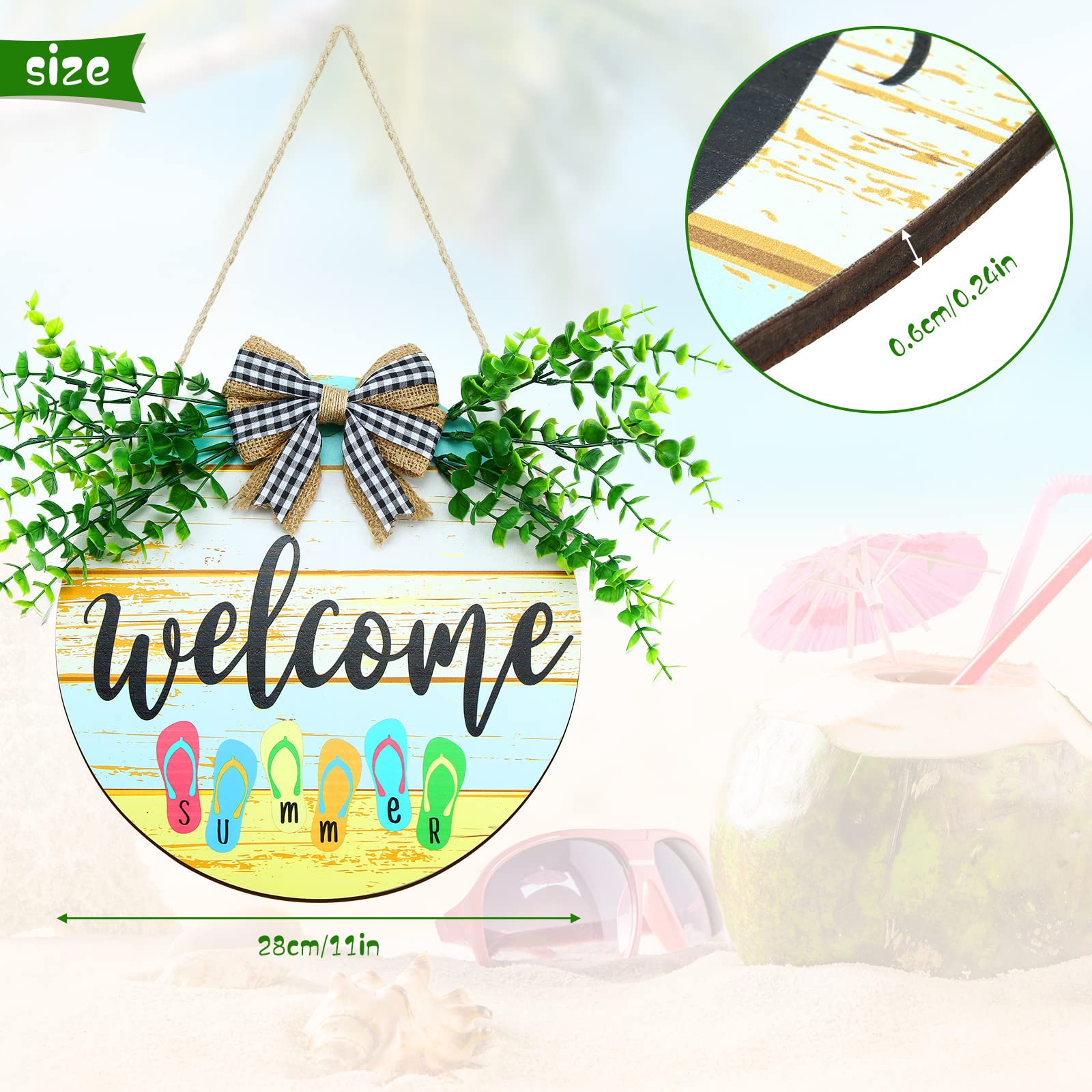 Jetec Summer Flip Flop Welcome Sign 11 Inches Round Wooden Hanging Sign Summer Welcome Sign Farmhouse Front Door Porch Decor for Home Beach Restaurant Shop Decoration Supplies (Stylish Style)