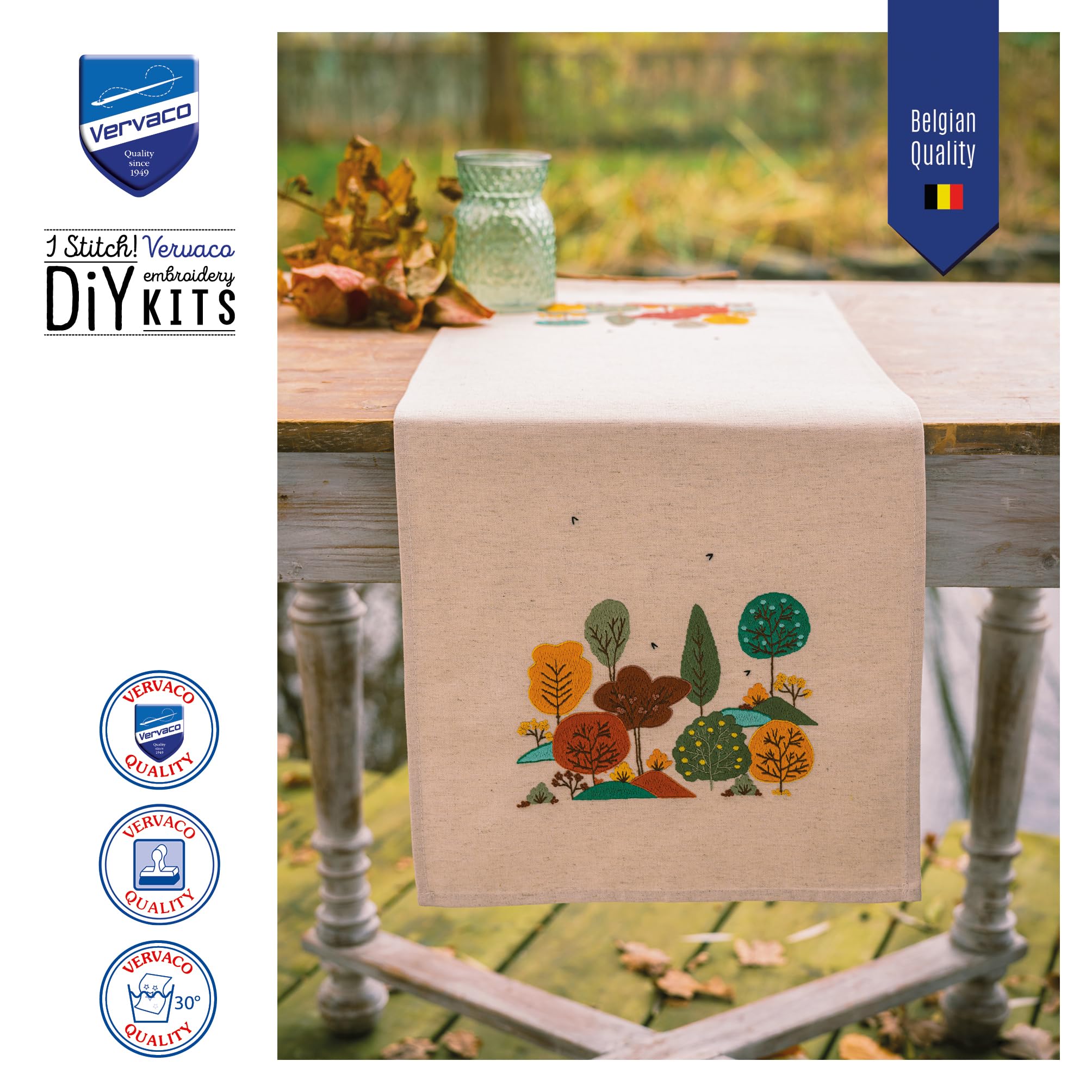 Vervaco Stickpackung Tischläufer Sticken Set Erwachsene Vorgedruckt Herbstwald Stickläufer zum Selbersticken Vorgezeichnet Decke Sticken Stickpackung Plattstich 35 x 95 cm Kreatives Geschenk