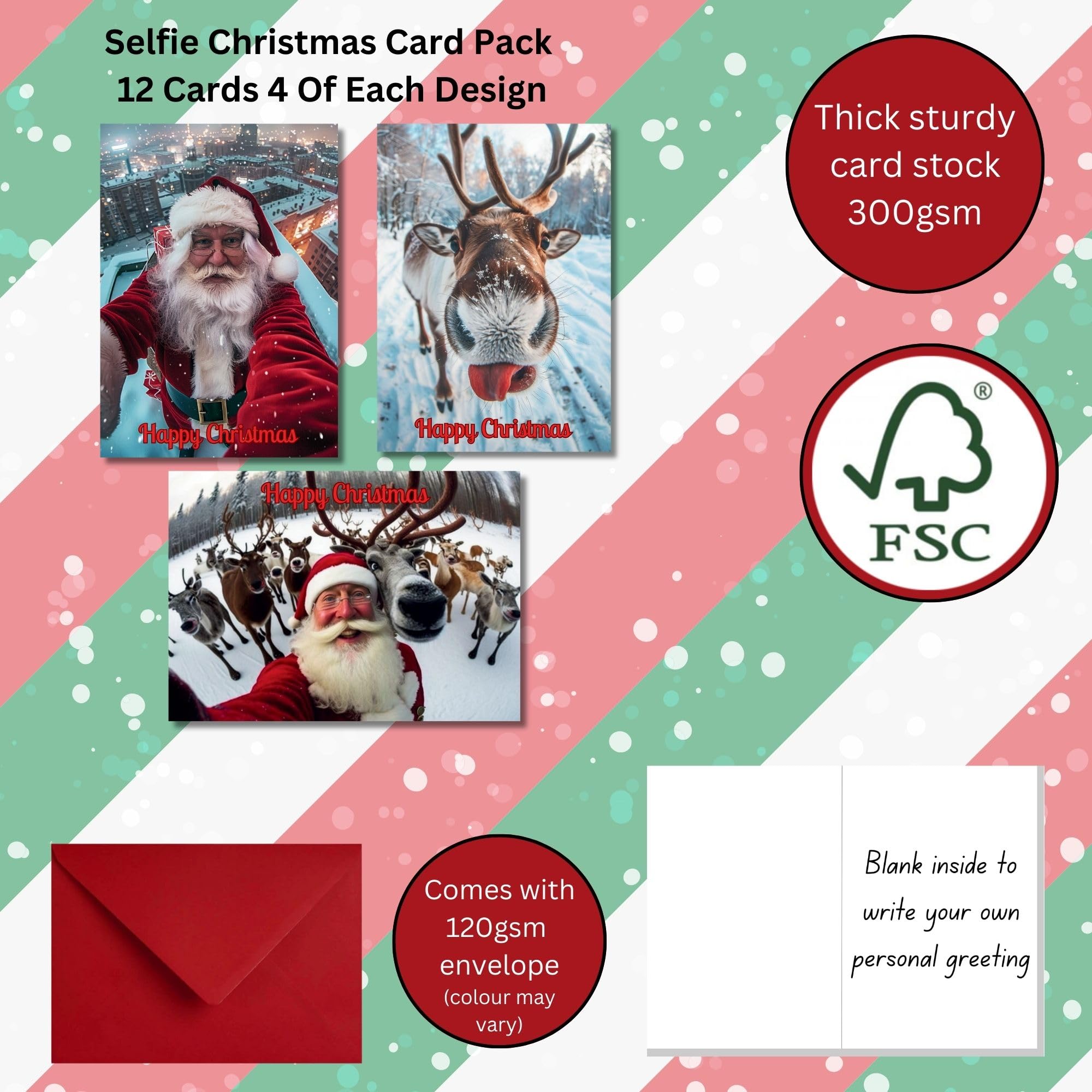 Funny Christmas Card Pack 12 Santa & Reindeer Selfie For Men & Women Perfect For Friends & Family Modern Luxury Xmas Design - Image 2
