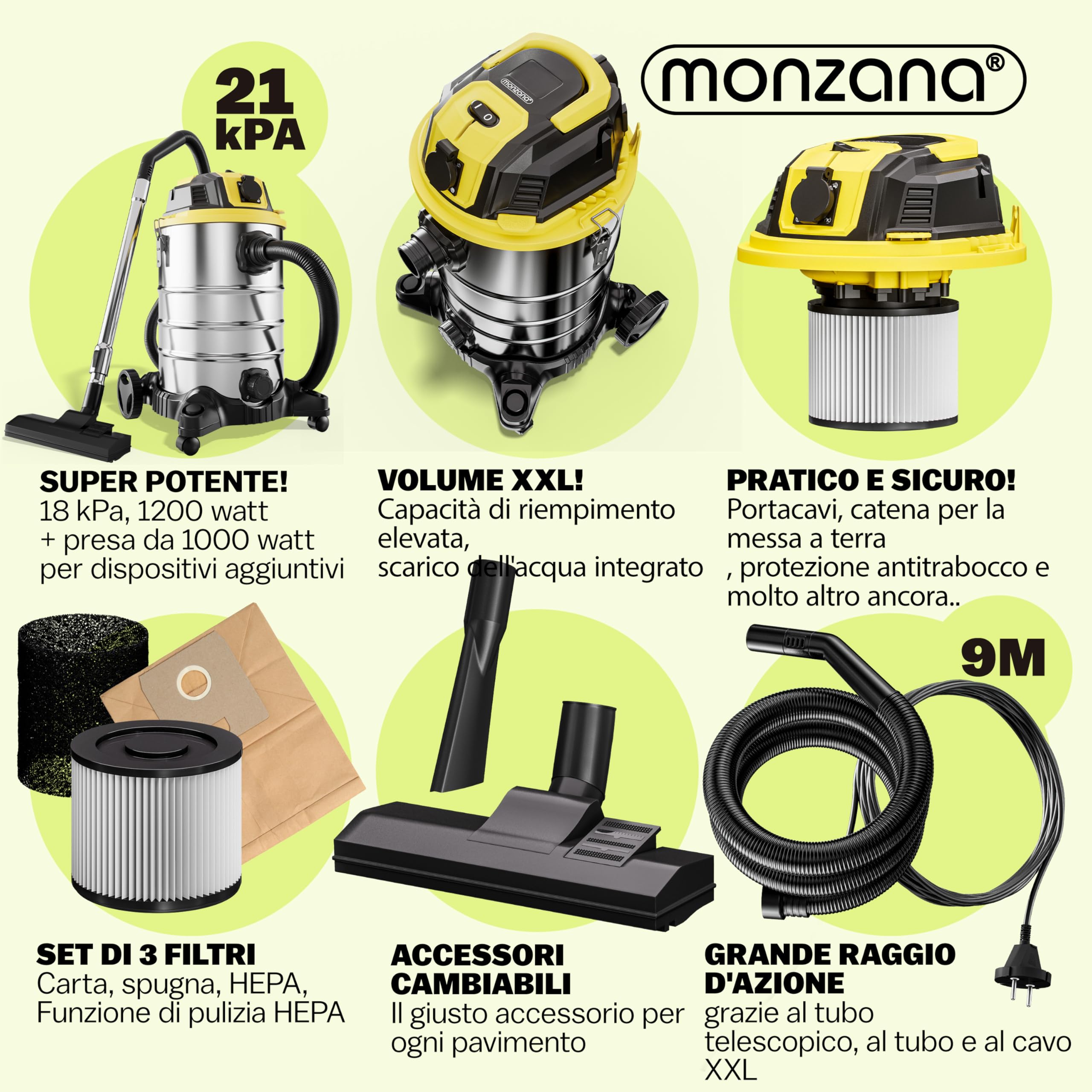 Monzana® Aspirapolvere Liquidi Solidi 30L 2200W Presa Certificata GS Raggio 9m Aspiratore Secco Umido Industriale Acciaio Inox con Funzione di Soffiaggio