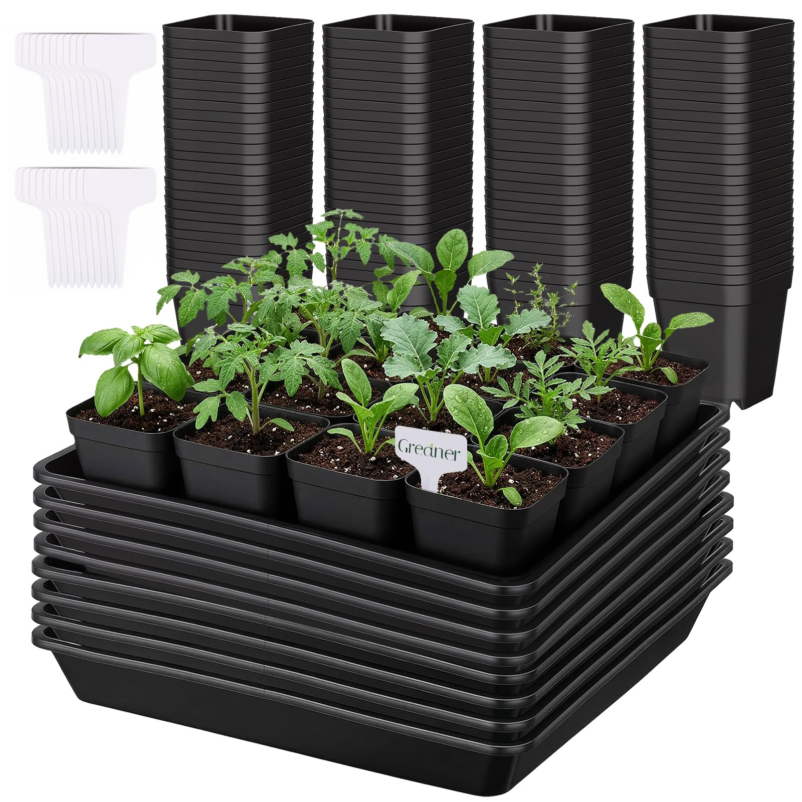 GREANER 8PCS 12 Inch Plant Trays for Pots, 120PCS 2.7 Inch Seed Starter Pots with Drain Holes, Sturdy Seedling pots for Planting, Succulents, Transplanting, Cuttings(Black, 20PCS Plant Labels)