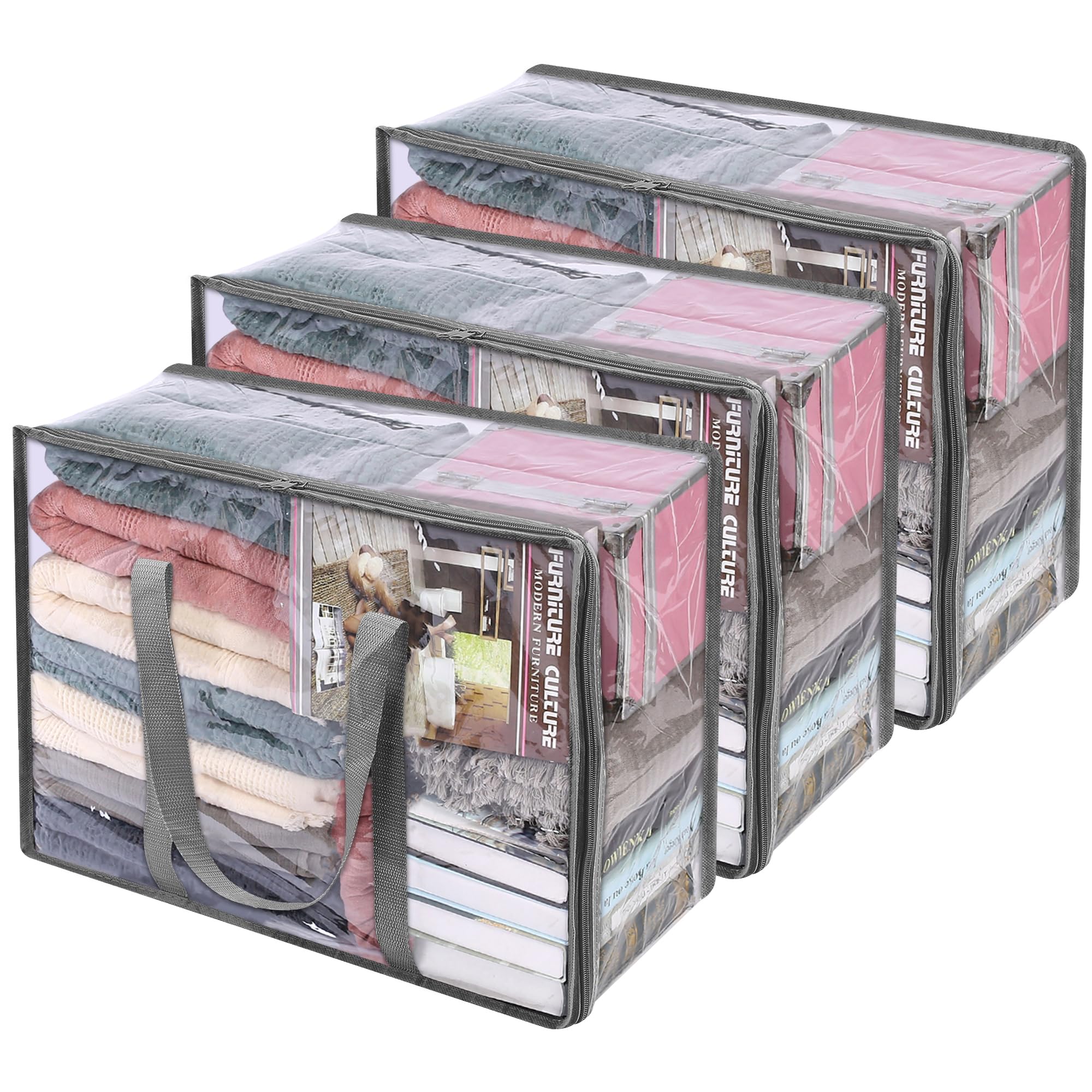 Vieshful Clear Clothes Storage Bag Organizer with Grey Reinforced Handle, 18.1 X 15 X 9.1 in, Storage Bag for Comforter, Blanket, Bedding, Duvet, Transparent Moving Totes with Sturdy Zipper, 3 Pack