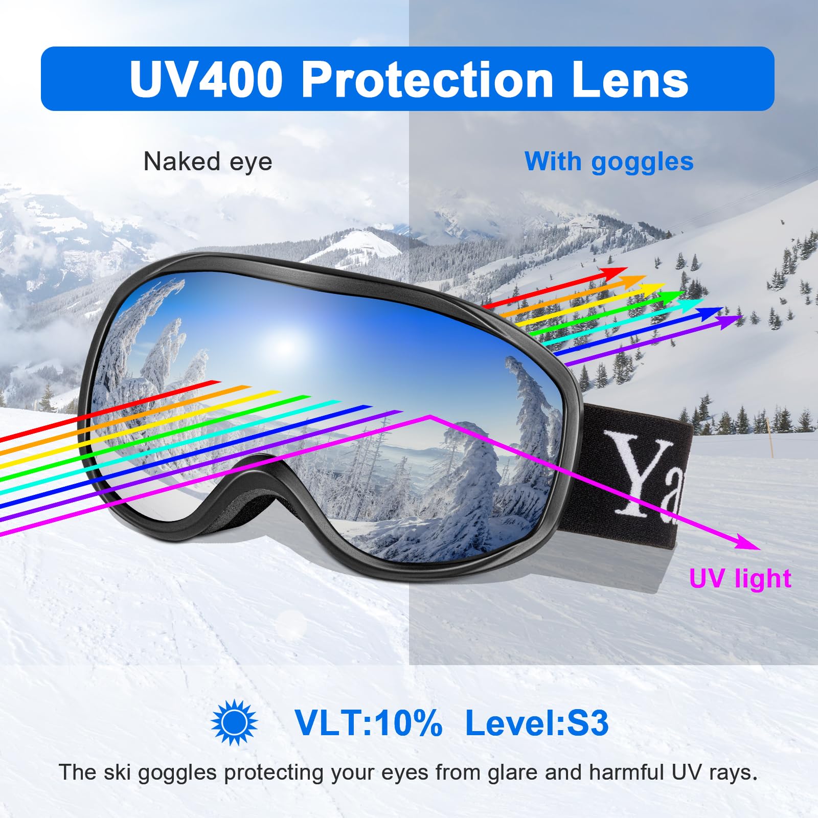 Yafaca Gogle narciarskie, przeciwmgielne, ochrona UV 400, gogle snowboardowe z podwójną soczewką, OTG i kask, kompatybilne z okularami śnieżnymi, antyodblaskowe, sferyczne gogle narciarskie dla