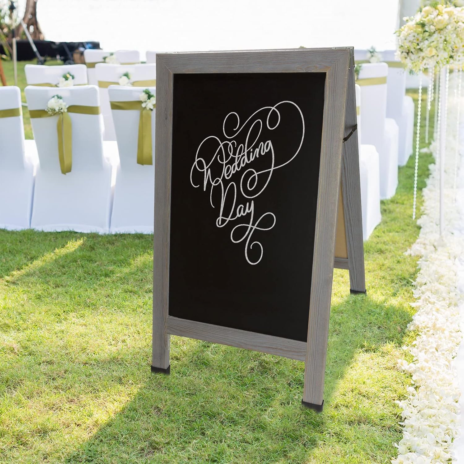 Excello Global Products Large Double-Sided 40x23 Heavy-Duty A-Frame Sidewalk Chalkboard Standing Sign, Includes 10 Chalk Markers, 40 Piece Stencil Set, Chalk and Eraser (Whitewash Grey)