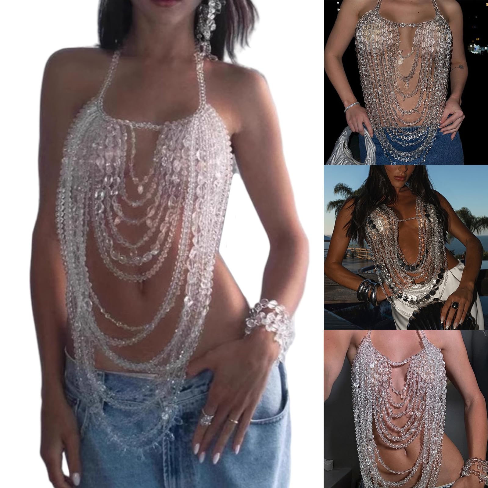Neckholder Körperkette mit Acrylperlen und verstellbarem Riemen für Damen Unterhemd für Raves und Strandpartys Perlen Körperkette