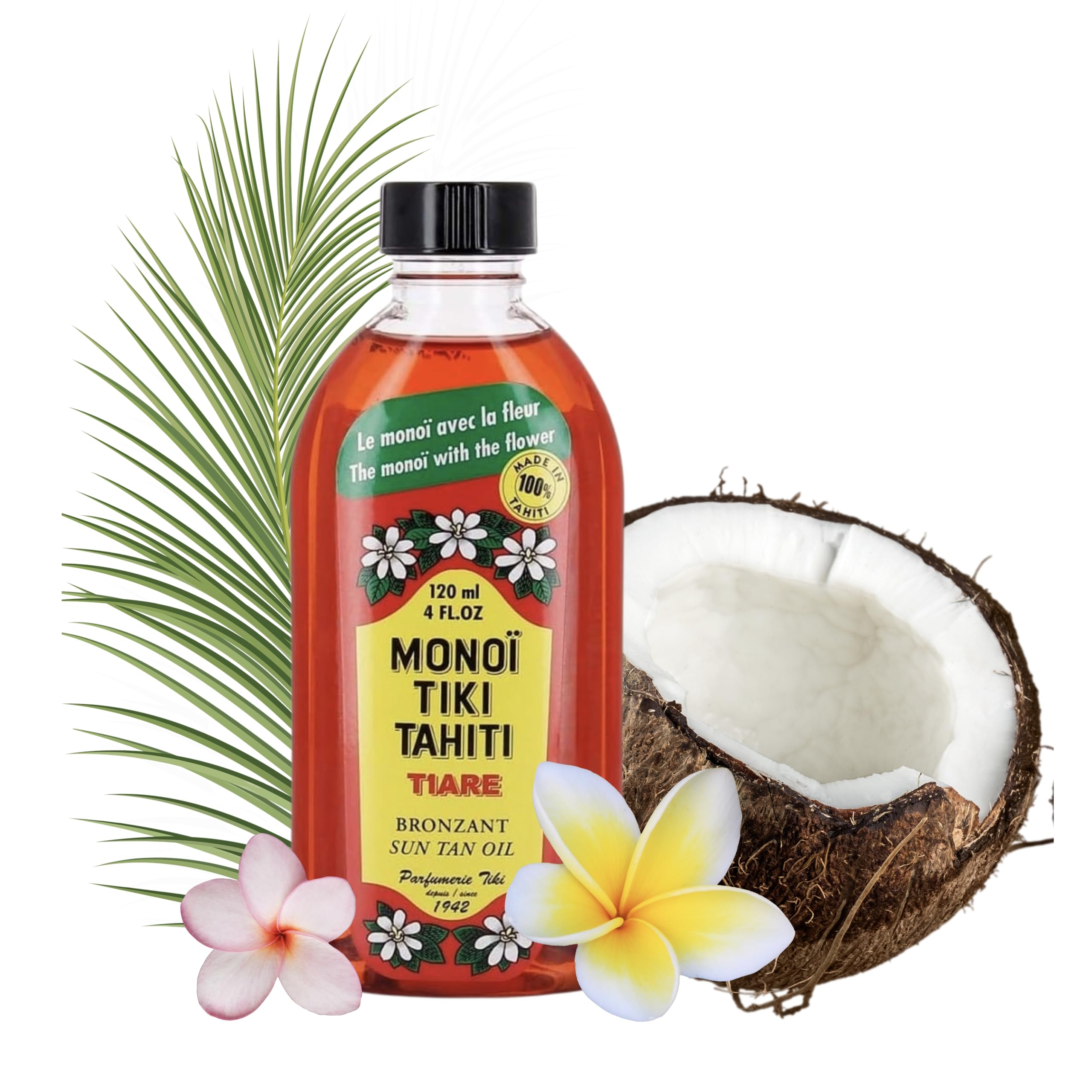 Monoi TIKI Tahiti - Senteur Tiaré - 1x 120 ml - Huile Solaire SPF3 Bronzante Corps Cheveux Hydratante Nourrissante - Parfum Tiaré Avec La Fleur - Fabriqué à Tahiti - Made in France - Depuis 1942