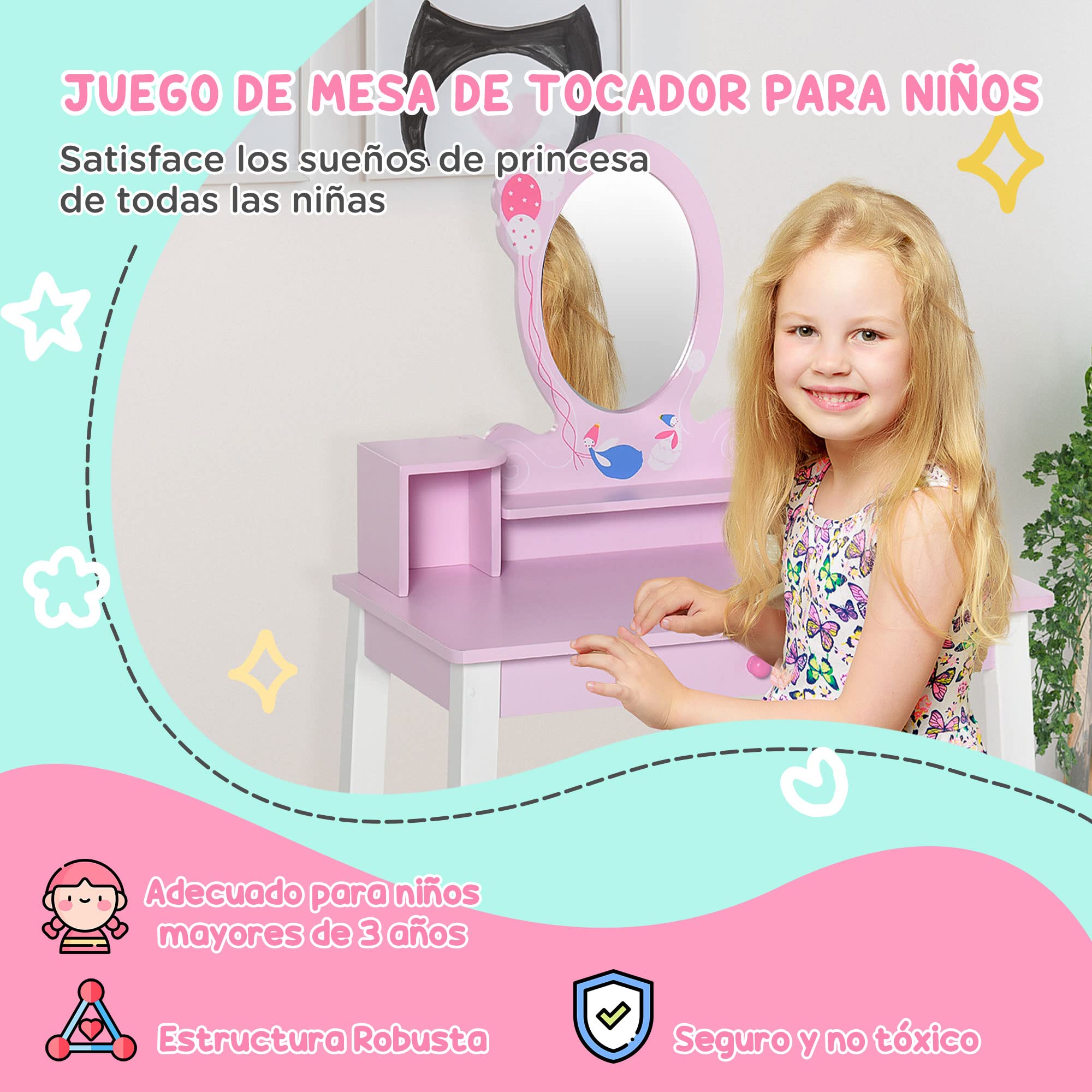 HOMCOM Tocador Infantil con Taburete y Espejo Tipo Princesa Mesita de Maquillaje de Madera Rosa Juguete para Niñas 60x34x93 cm