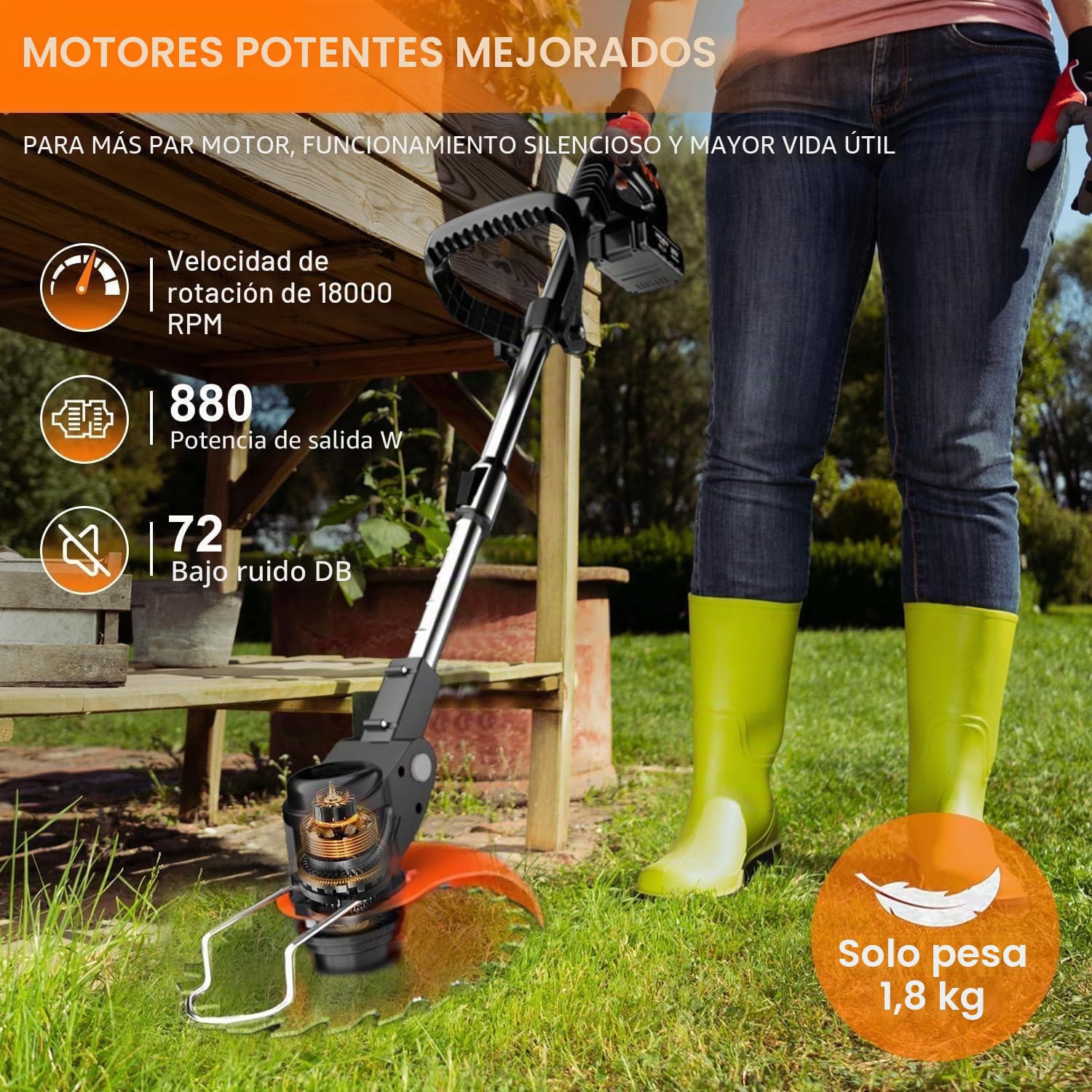 Desbrozadora de batería con batería y cargador, desbrozadora eléctrica de batería de 3 en 1 y desbrozadora de motor con batería y césped con 2 baterías de 2.0Ah y cuchilla metálica, desbrozadora de