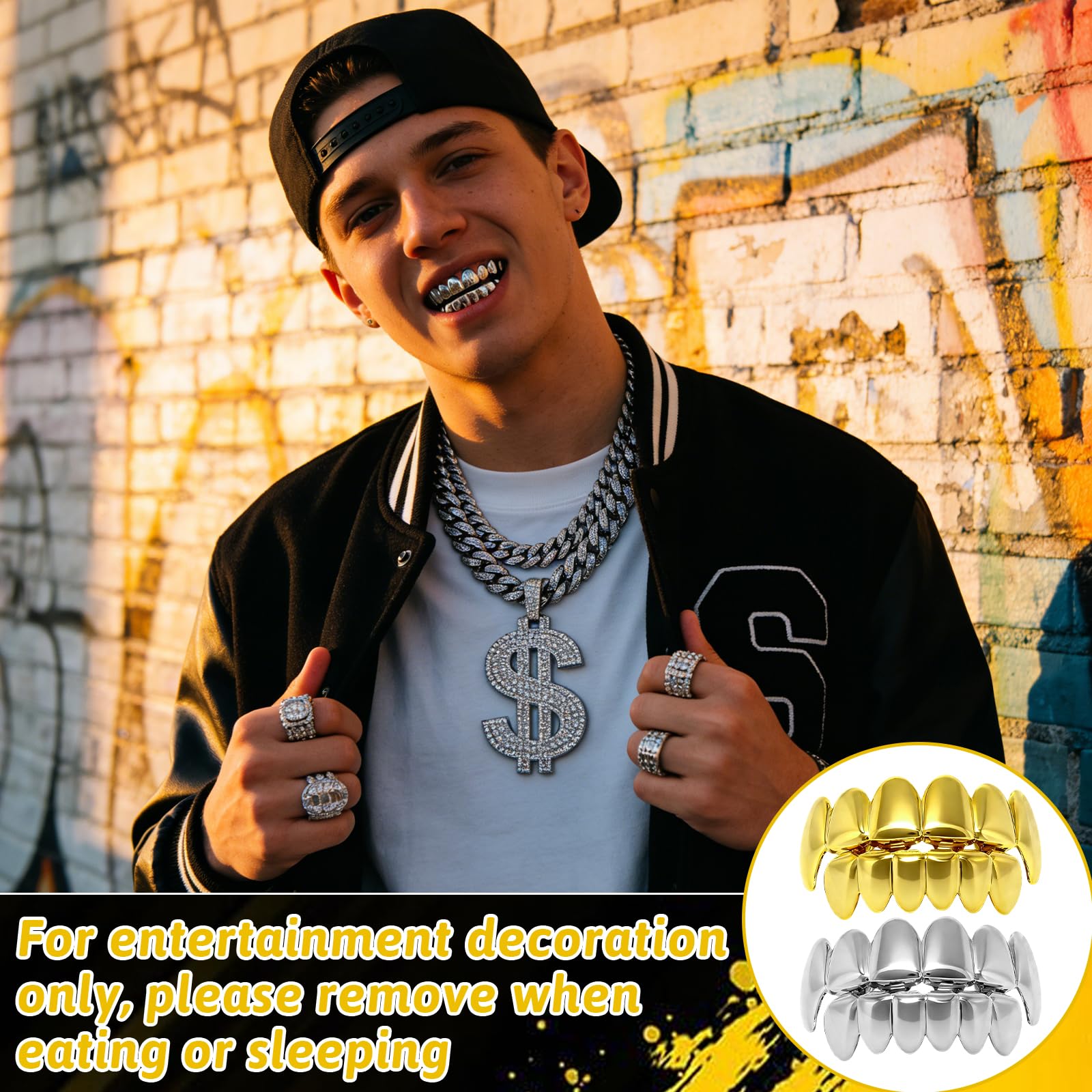 2Pairs Grillz, Grills for Teeth Gold & Silver Grillz Top & Bottom Set, 18K Gold- Plated Grills, Parties, Proms - Image 3