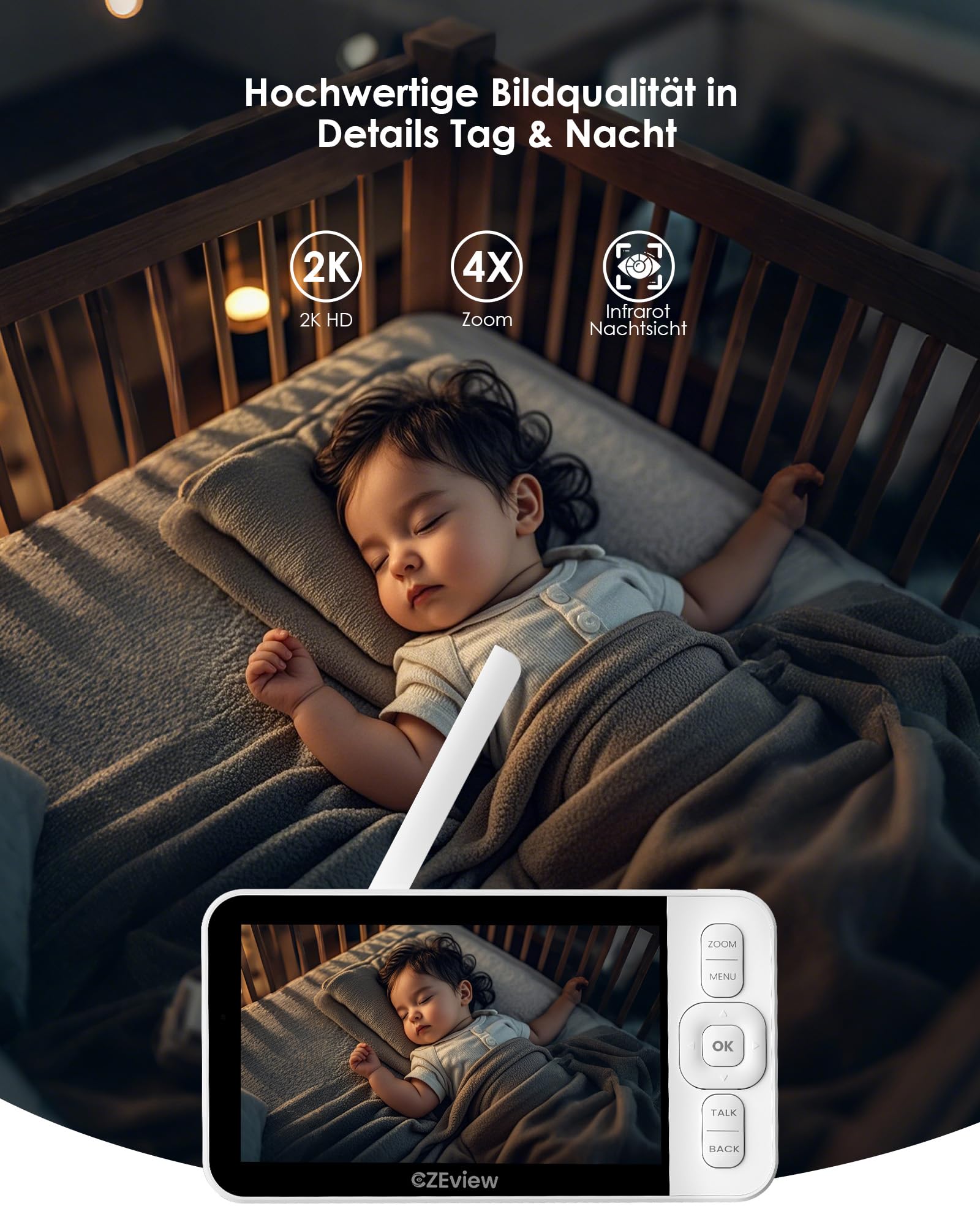 CZEview Babyphone mit Kamera, 2K/5,0" HD WLAN Video Babyfon mit App, 360°, 4× Zoom, Nachtsicht, Automatische Verfolgung, Weinen/Bewegungs/Geräuscherkennung, Temperaturanzeige