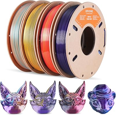 31 - ERYONE Silk Tricolor Coextrusion Shiny 3D Printer Filament Bundle, PLA 1.75+/-0.03mm, 3D Printing Filament 250gX 4 Spools, Silk Tricolor Fil...