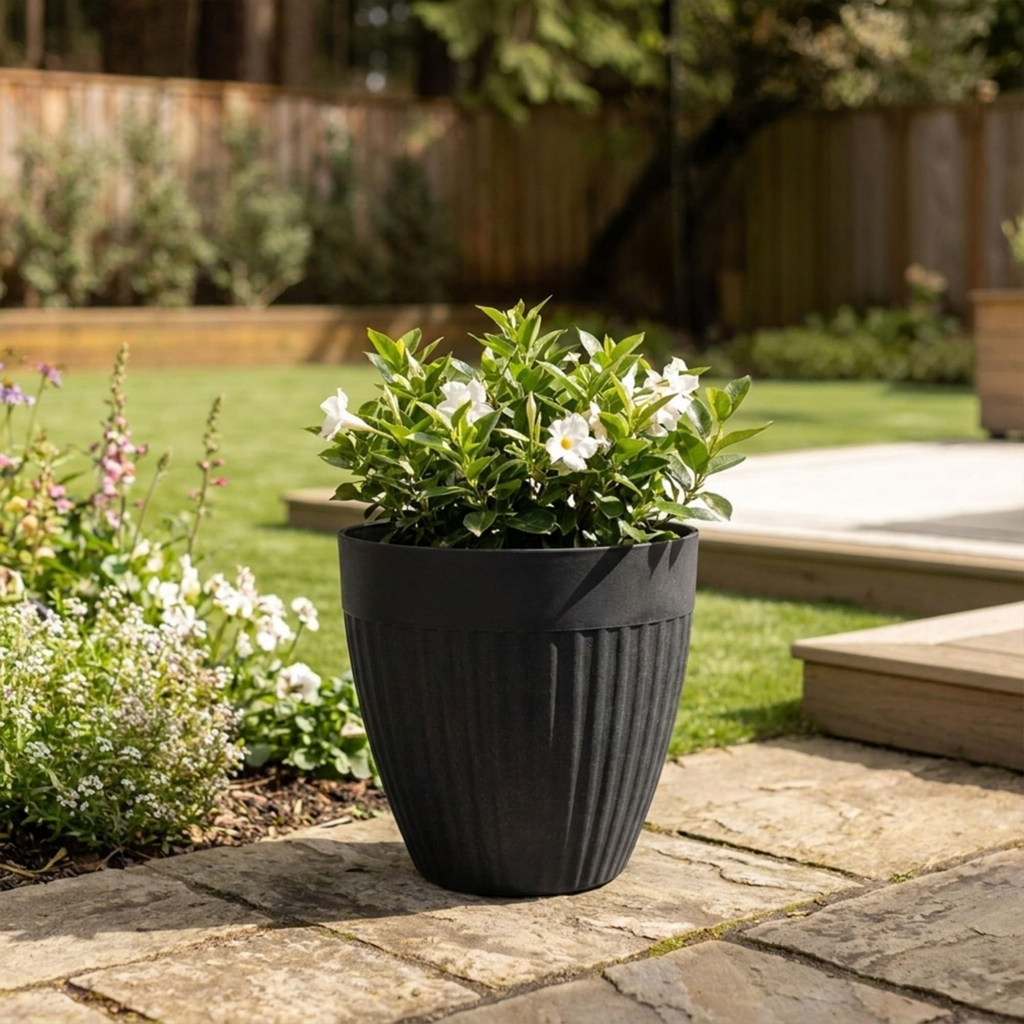 Nicoman Round Flower Planter Pot, W36.5cm x H35.5cm Charcoal, 25.6L Indoor/Outdoor Decorative Plant with Drainage Hole, Durable Basin for Patio, Garden and Home Decor (Fluted, Pack of 1)