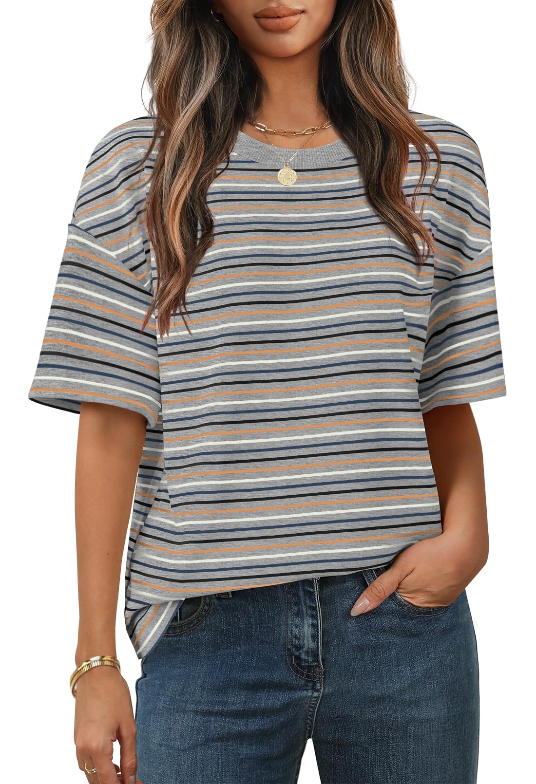 MEROKEETY Women's 2026 Summer Short Sleeve Tops Casual Colourful Striped Crewneck Loose Work T Shirts Blouses