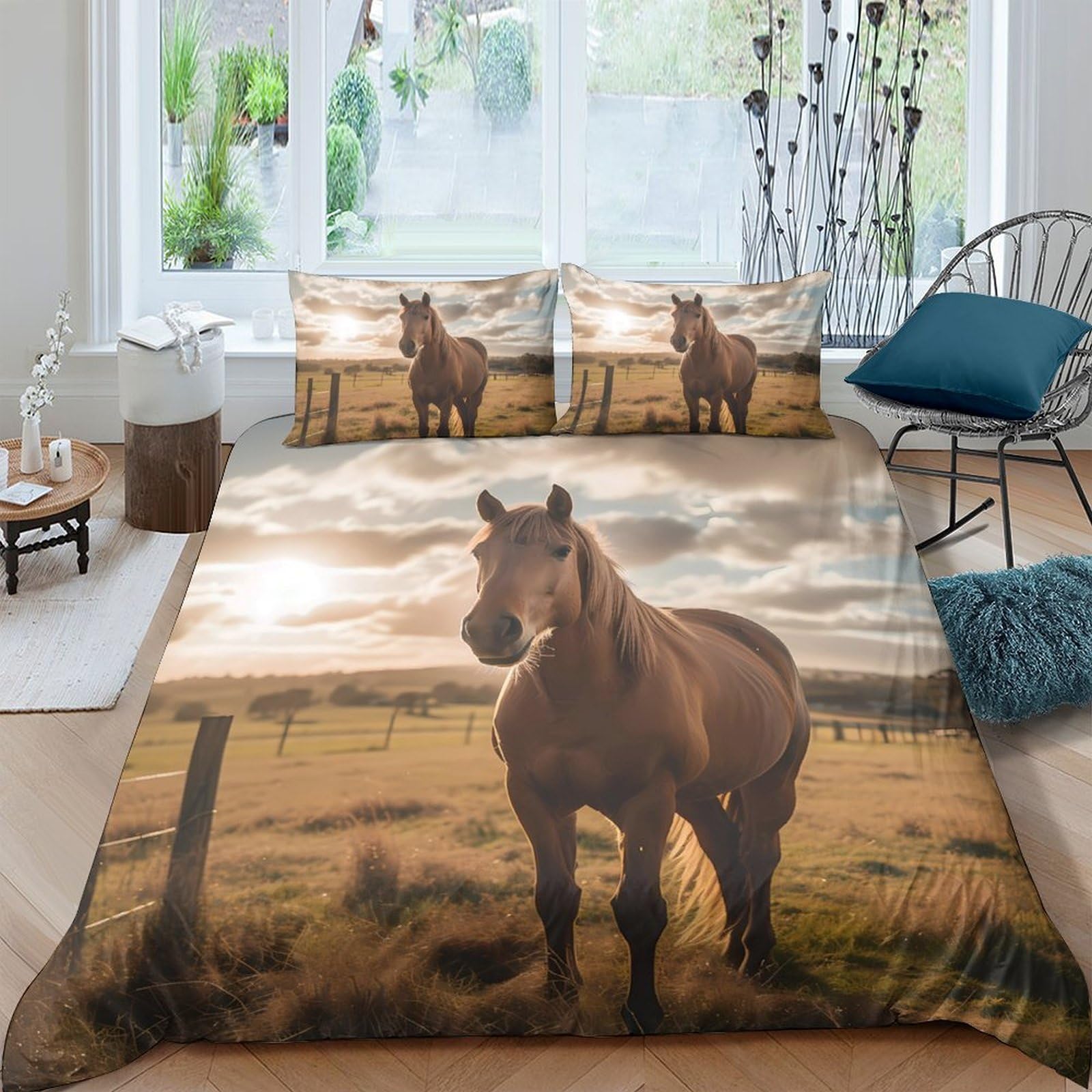 Ctjqhvkz Style-8 3D Printed Brown Horse Fitted Sheet Microfiber Soft Breathable Pasture Sunset Mattress Cover For Bedroom Guestroom Decor Single（135X200cm）