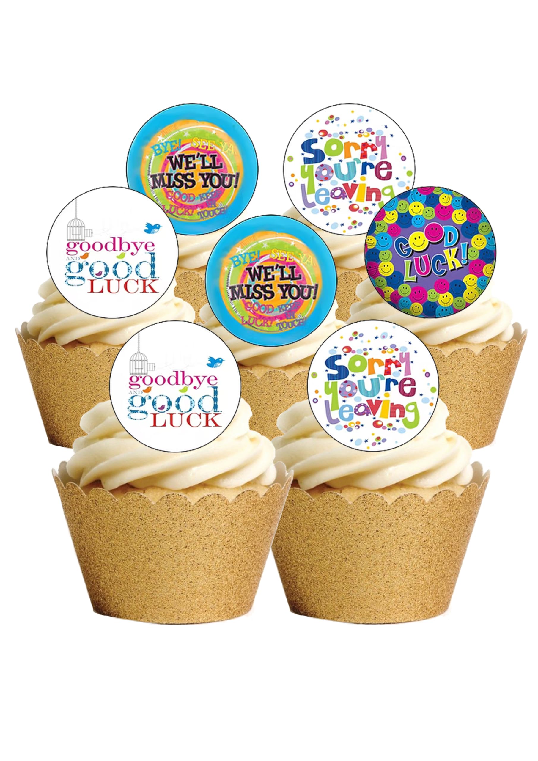24 Precut Round Edible Wafer Paper Sorry You Are Leaving Goodbye Good Luck Toppers Decorations