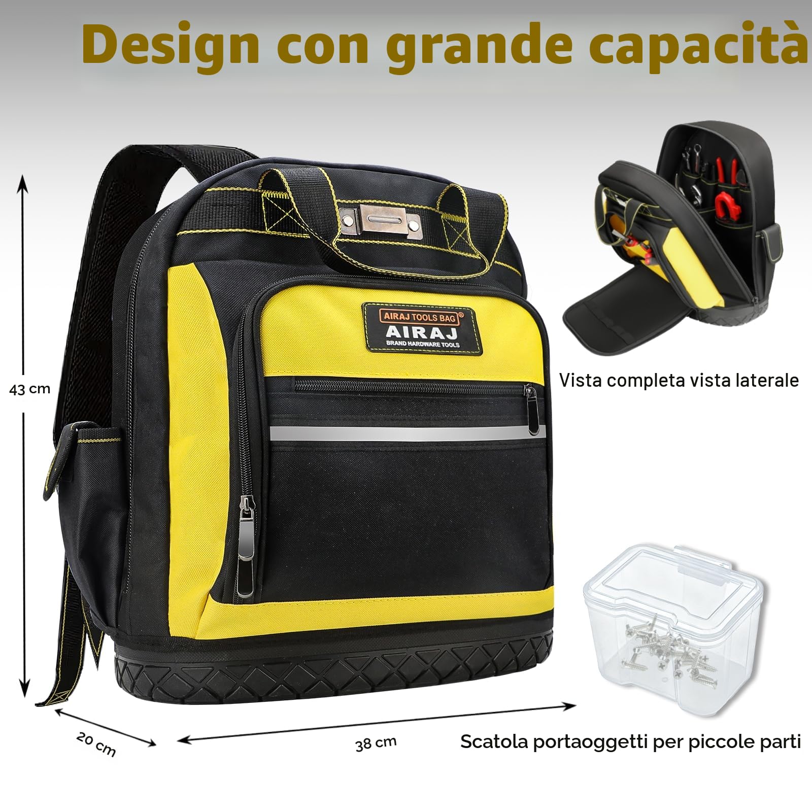 AIRAJ Zaino Porta Attrezzi Impermeabile, Portautensili con Base in Gomma, Robusto Organizer Per Elettricisti, Idraulici, Utensili Per Manutentori.