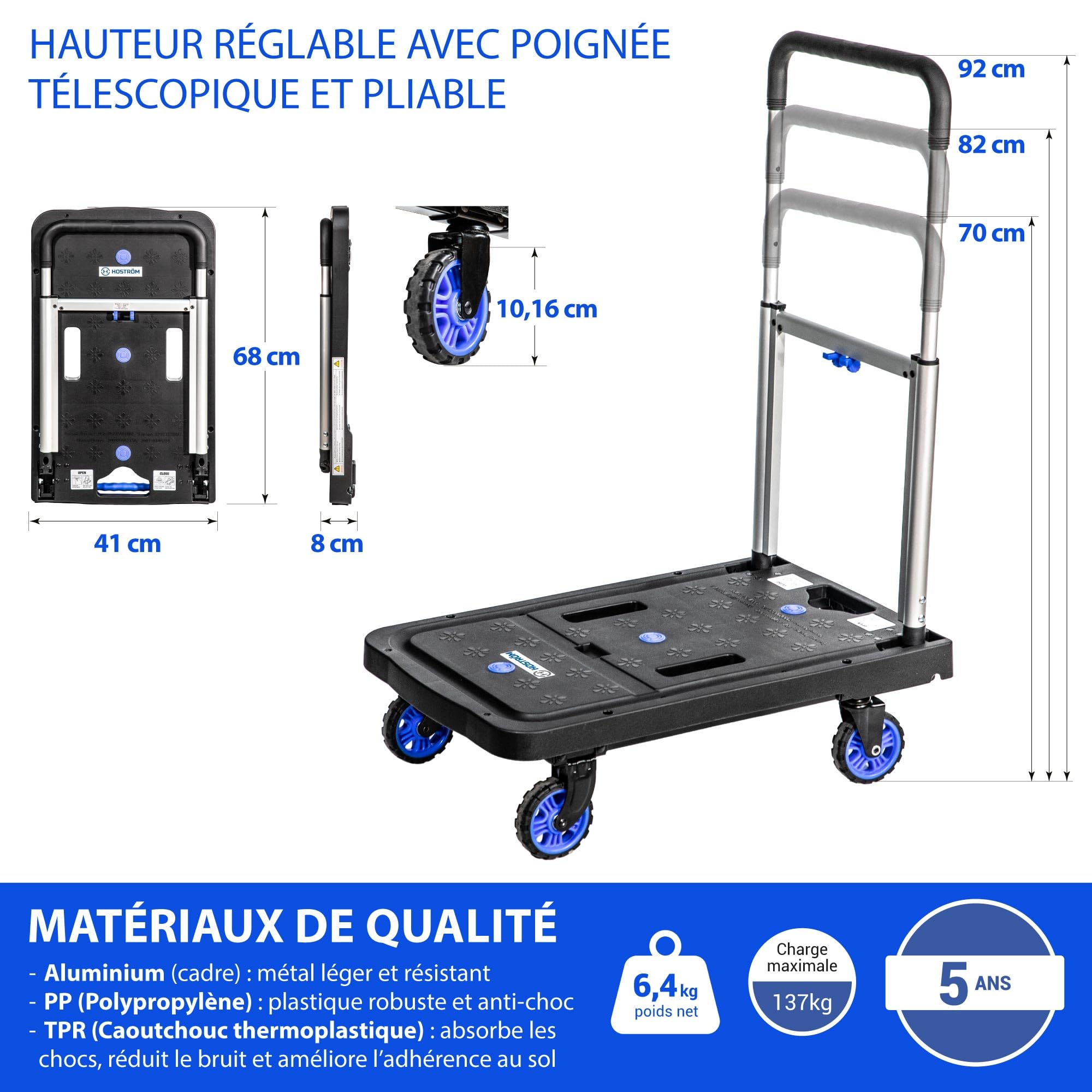HOSTRÖM Chariot à roulettes, Chariot de Rangement Pliable, Demenagement, Transport matériau, Poignée télescopique, Charge Max. 137kg, Garantie 5 Ans
