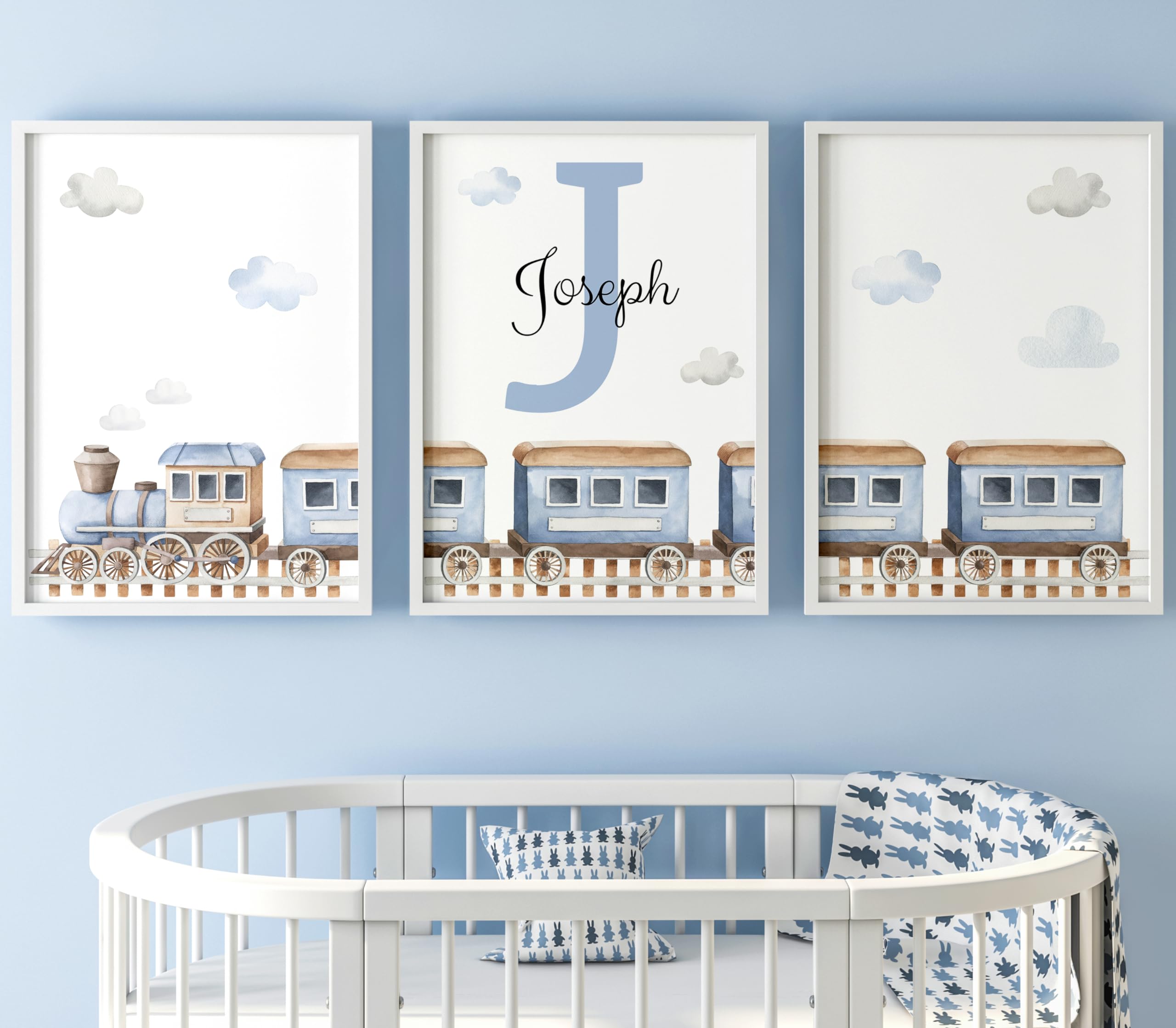 Eviepops Prints Choo Choo Train Clouds Nursery Bedroom Unframed Set of 3 Poster Prints, Personalised Name Wall Art Decor in Blue Brown, Toddler Gift Present (A3) โ image 1
