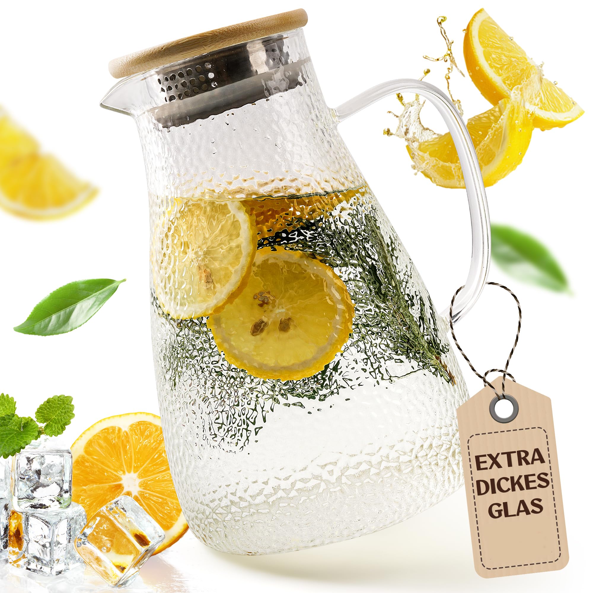 Caraffa in vetro con coperchio, 1,9 litri, in vetro rinforzato, caraffa in vetro per bevande calde e fredde, teiera, brocca per acqua con coperchio in bambù