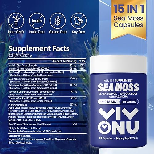 Miniatura 6 de Aceite de semilla negra de musgo marino Ashwagandha Shilajit Cápsulas de jengibre y musgo de mar con bardana cúrcuma vitaminas C y D3 saúco jengibre