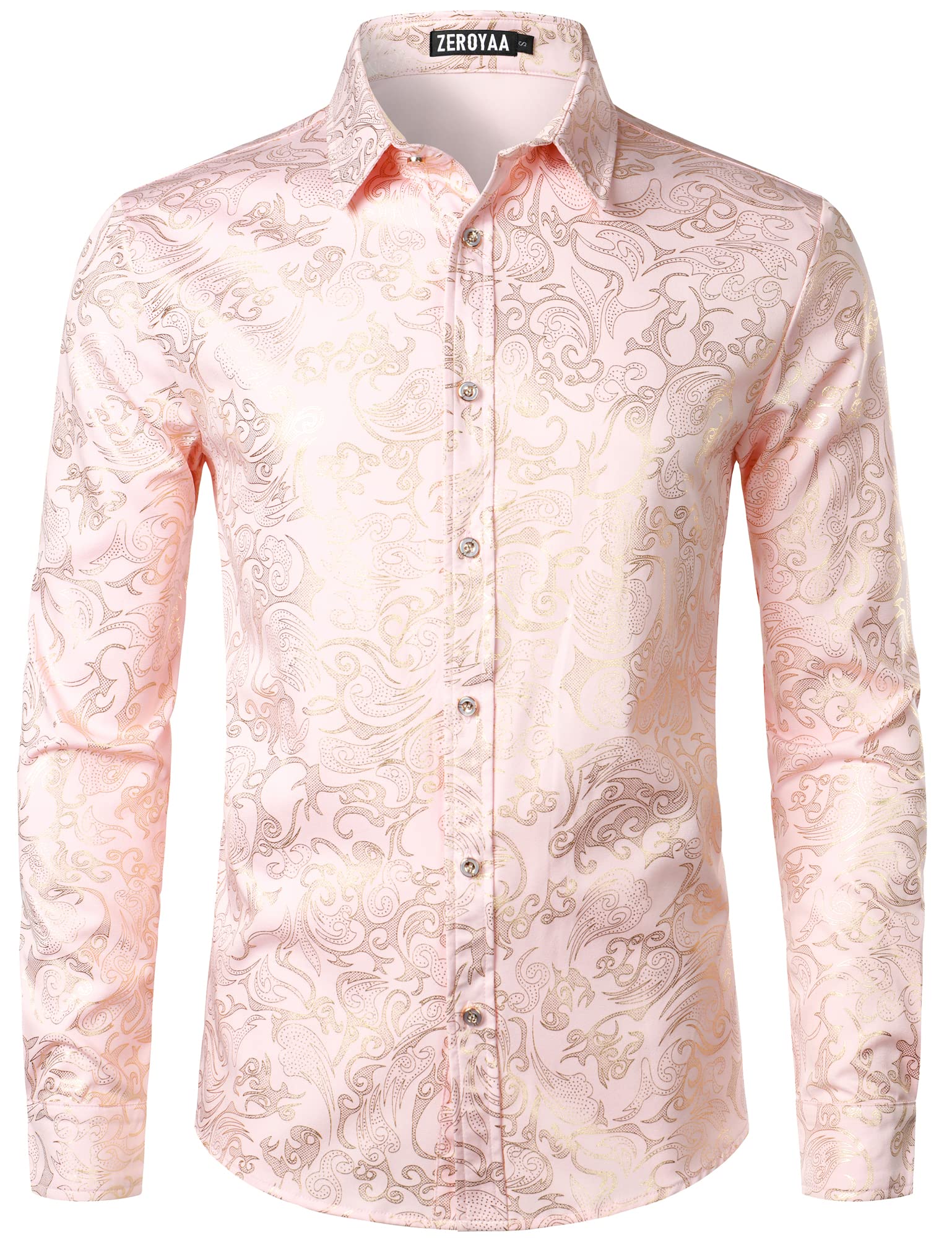ZEROYAA Men's Luxury Gold Prom Design Slim Fit Long Sleeve Button up Party Dress Shirts