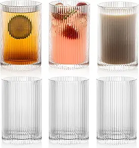 Vintage Ribbed Glassware Set: 6pcs 16.9oz XL Drinking Glasses, Fluted Ripple Drinkware, Origami Style, Elegant Glassware for Whiskey, Cocktail, Iced Coffee, Juice, Beer, Soda