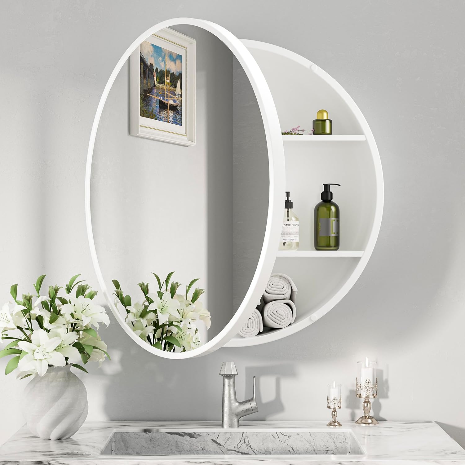 Keonjinn 24 Inch Round Bathroom Medicine Cabinet with Mirror, Circular Surface Mount Medicine Cabinet, White Framehouse Modern Medicine Cabinet, Framed Bathroom Mirror with Storage Wall Mounted White Round 24 Inch