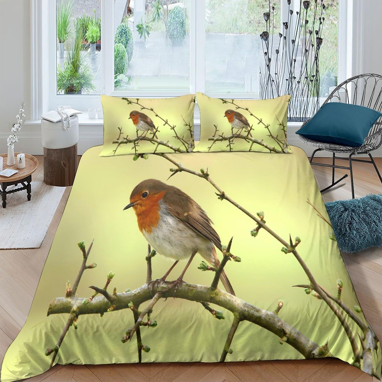 GPLZQXKJNH 3D Printed Robin Bird Duvet Cover Microfiber Soft Breathable Branch Nature Bedding Set with 2 Pillowcases for Bedroom Decor Single（135x200cm）