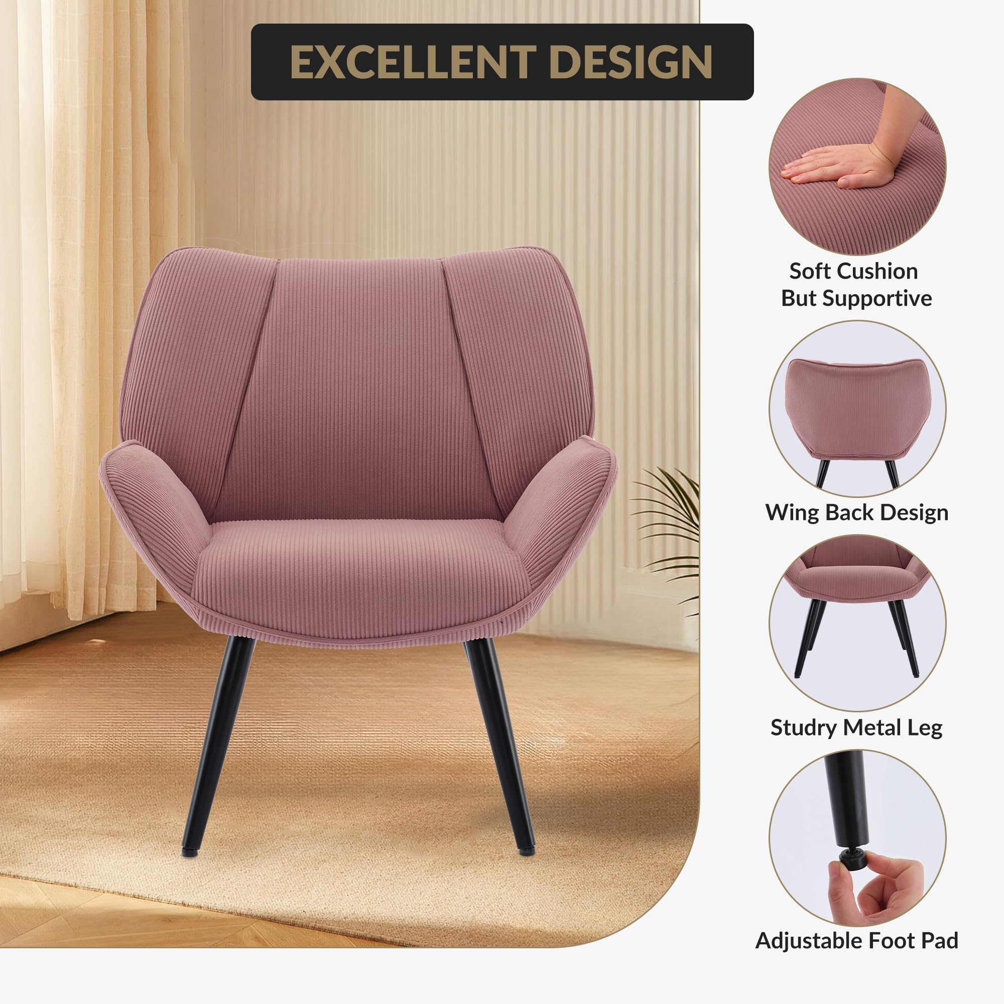 BonHaus Modernas Sillones de suplemento para sala de estar, sillones acolchados con patas metálicas, sillón de lectura relajante para dormitorio, sala de estar y oficina