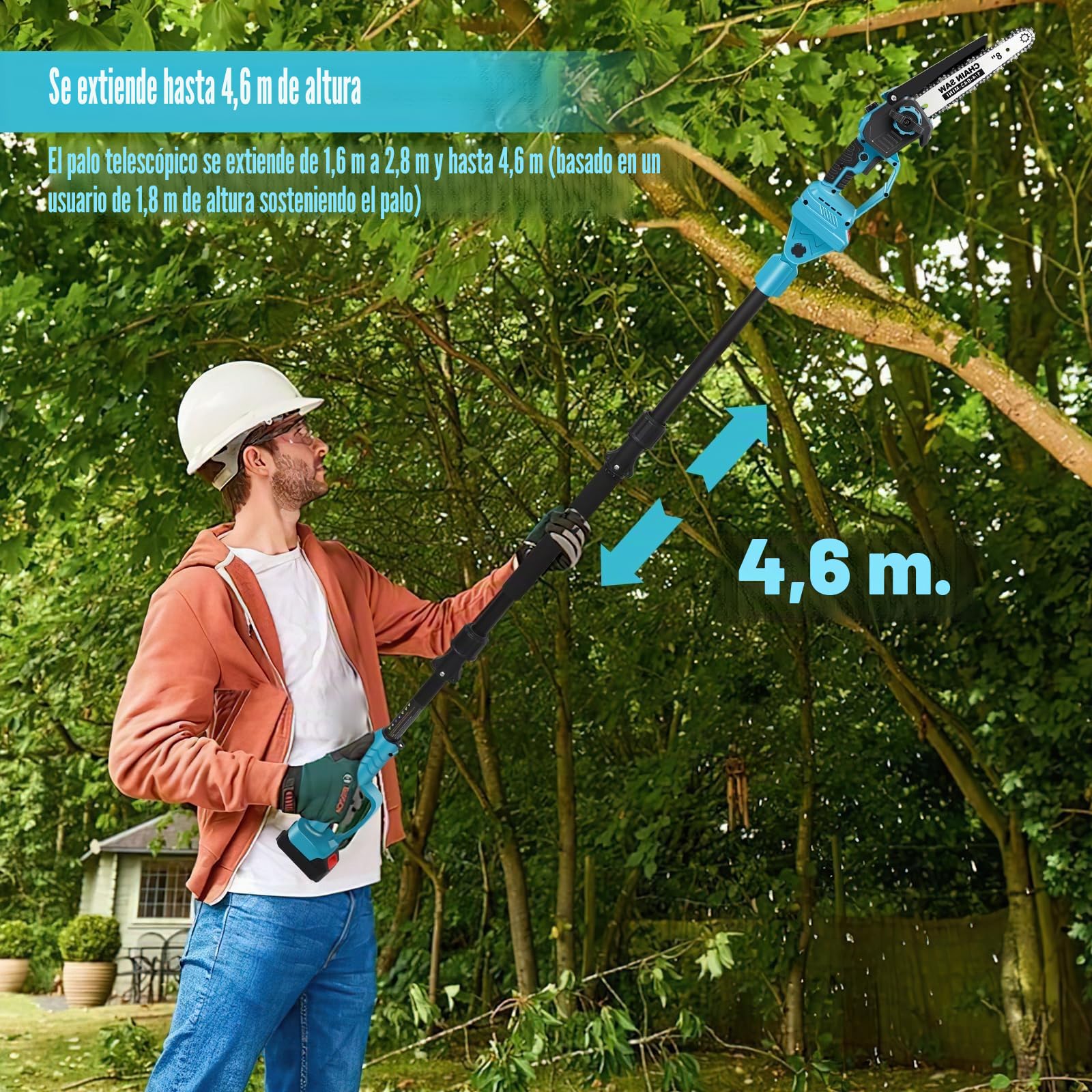 Podadora inalámbrica 2 en 1 y mini motosierra de 8 pulgadas con 2 baterías de 6000 mAh y cargador, motor sin escobillas, barra telescópica de 2,8 m, para árboles y ramas altas (2 baterías de 6000 mAh)