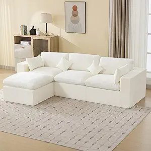 115" Cloud Boneless Modular Sectional Couch with Ottoman, Deep Seat Chenille Sofa, Beige