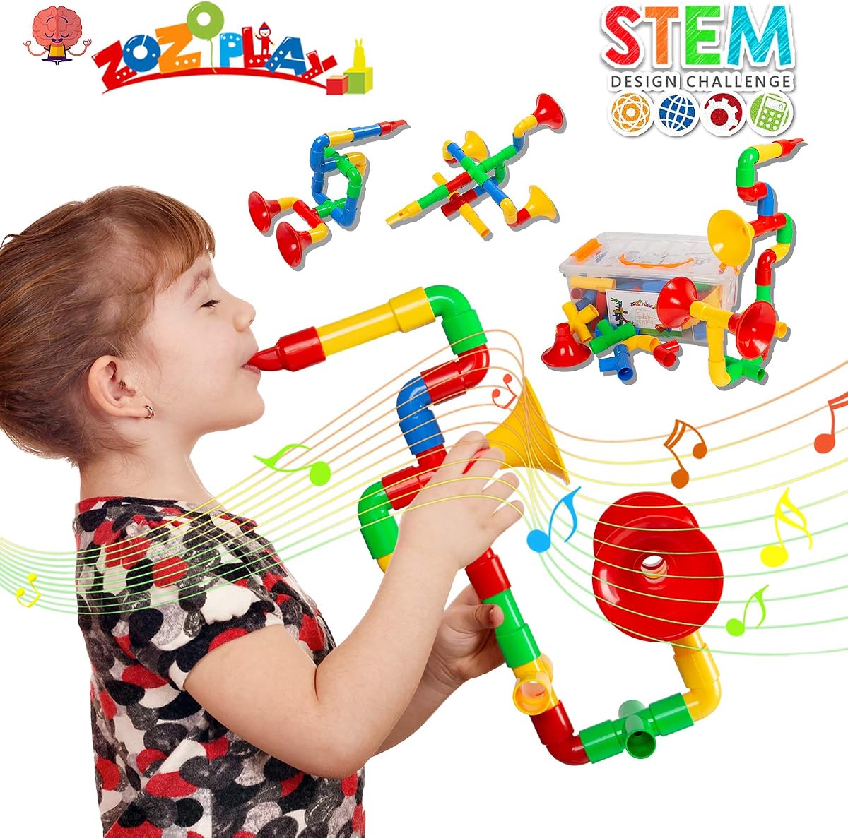 ZOZOPLAY Kids 72-Piece STEM Tube Building Set, Build Musical Instruments | 72 pipes, connectors, whistles, and trumpets in 4 colors; supports creativity, hand-eye coordination, focus, and imagination