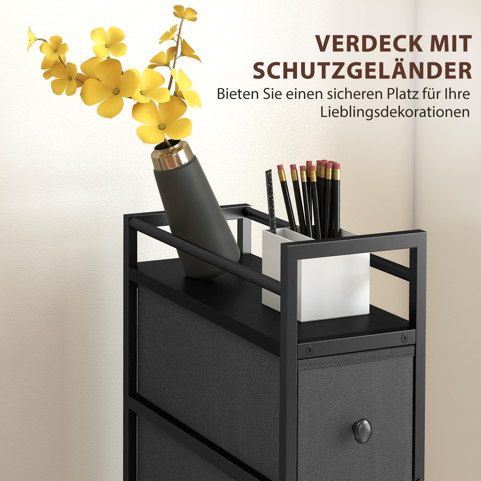 HOMCOM Kommode Schrank mit 4 Schubladen Schmal mit Stahlrahmen Schwarz