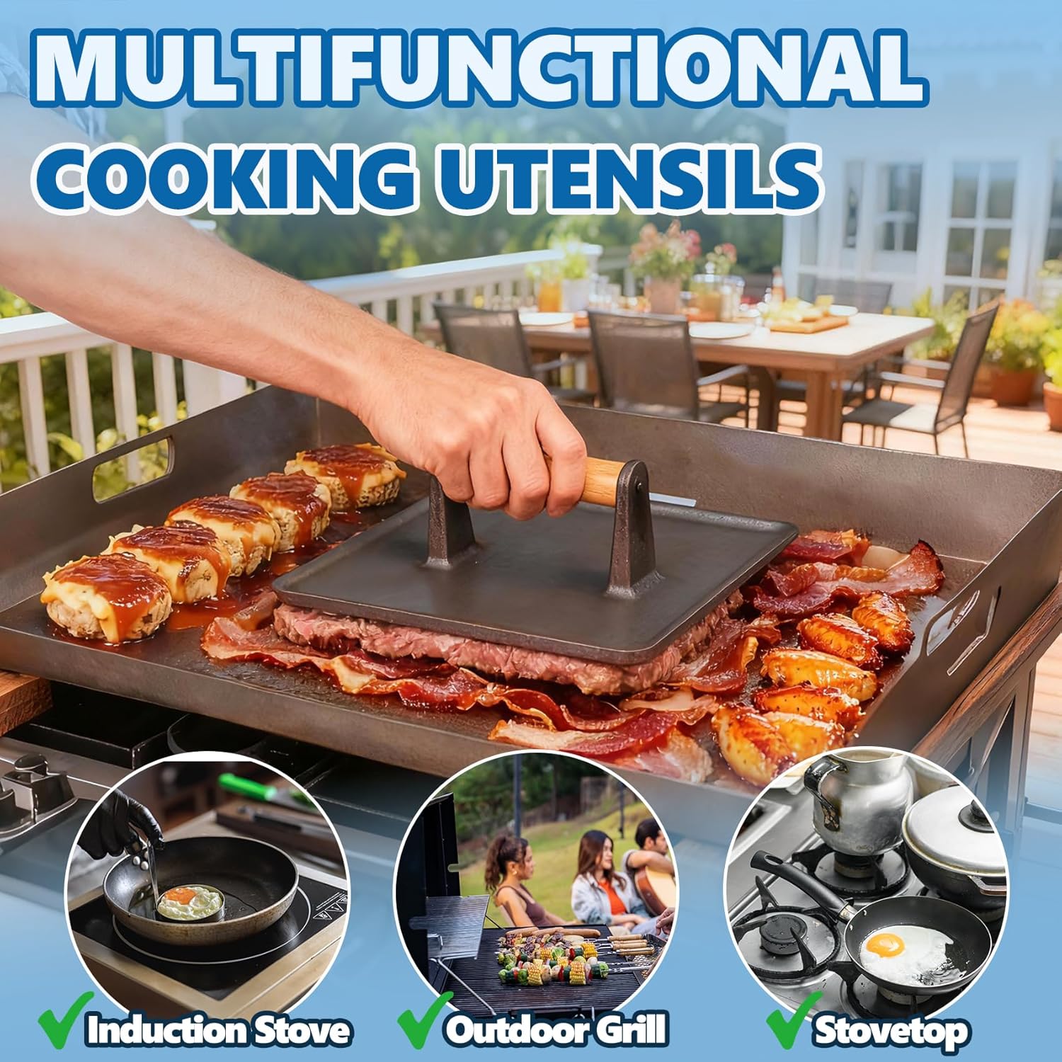 SafBbcue 10" Square Cast Iron Burger Press Smash Burger Griddle Weight Press for Blackstone, Pitboss, Camp Chef Flat Top Grills Accessories, Bacon Press for griddle for Grill Cooking Accessories, 2PCS