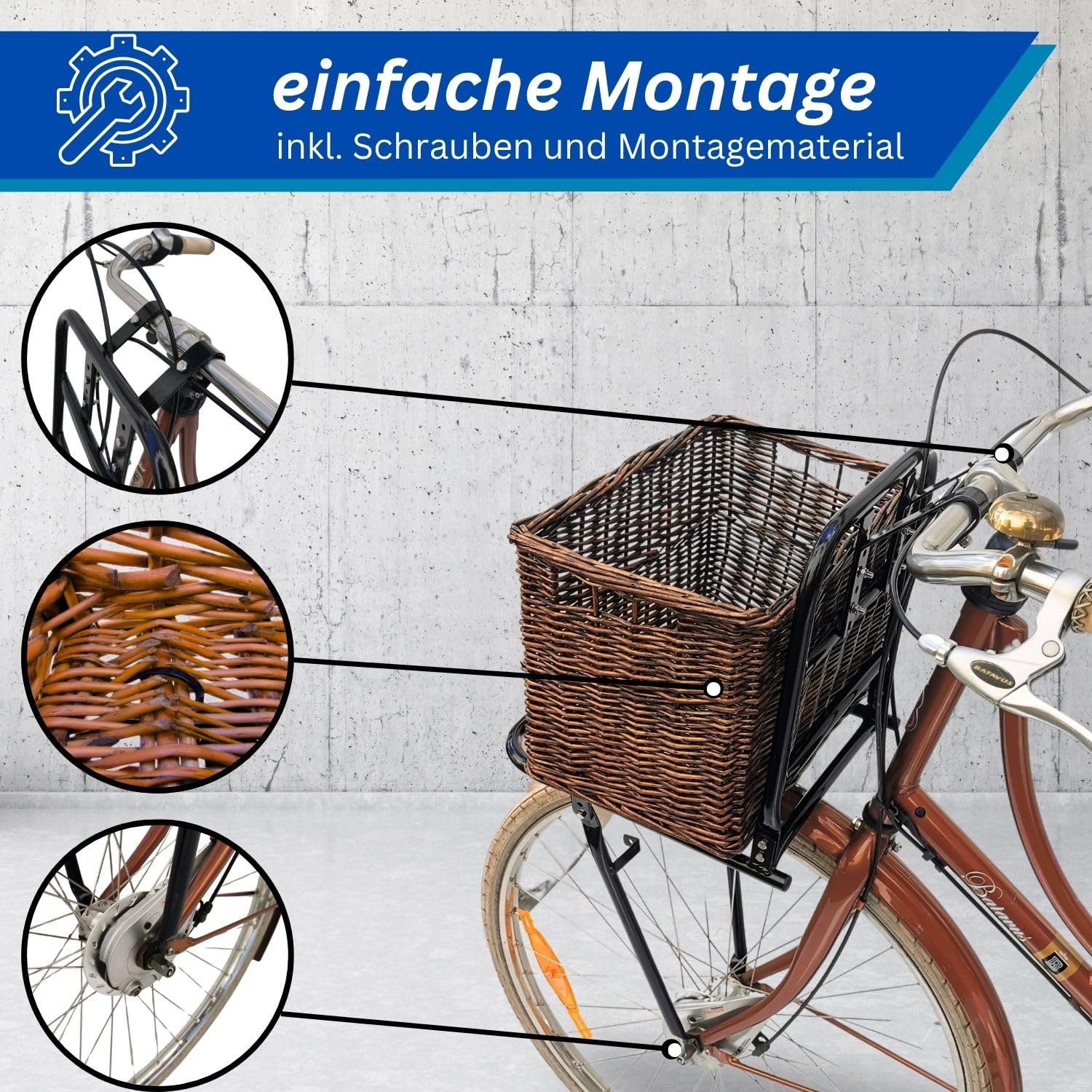 Fahrrad Gepäckträger vorne Frontgepäckträger - Fahrradgepäckträger Vorderrad - Red Loon Fahrrad Frontträger - Stahl Front Loader - Gepäckträger vorne universell - inkl Fahrradkorb aus Rattan
