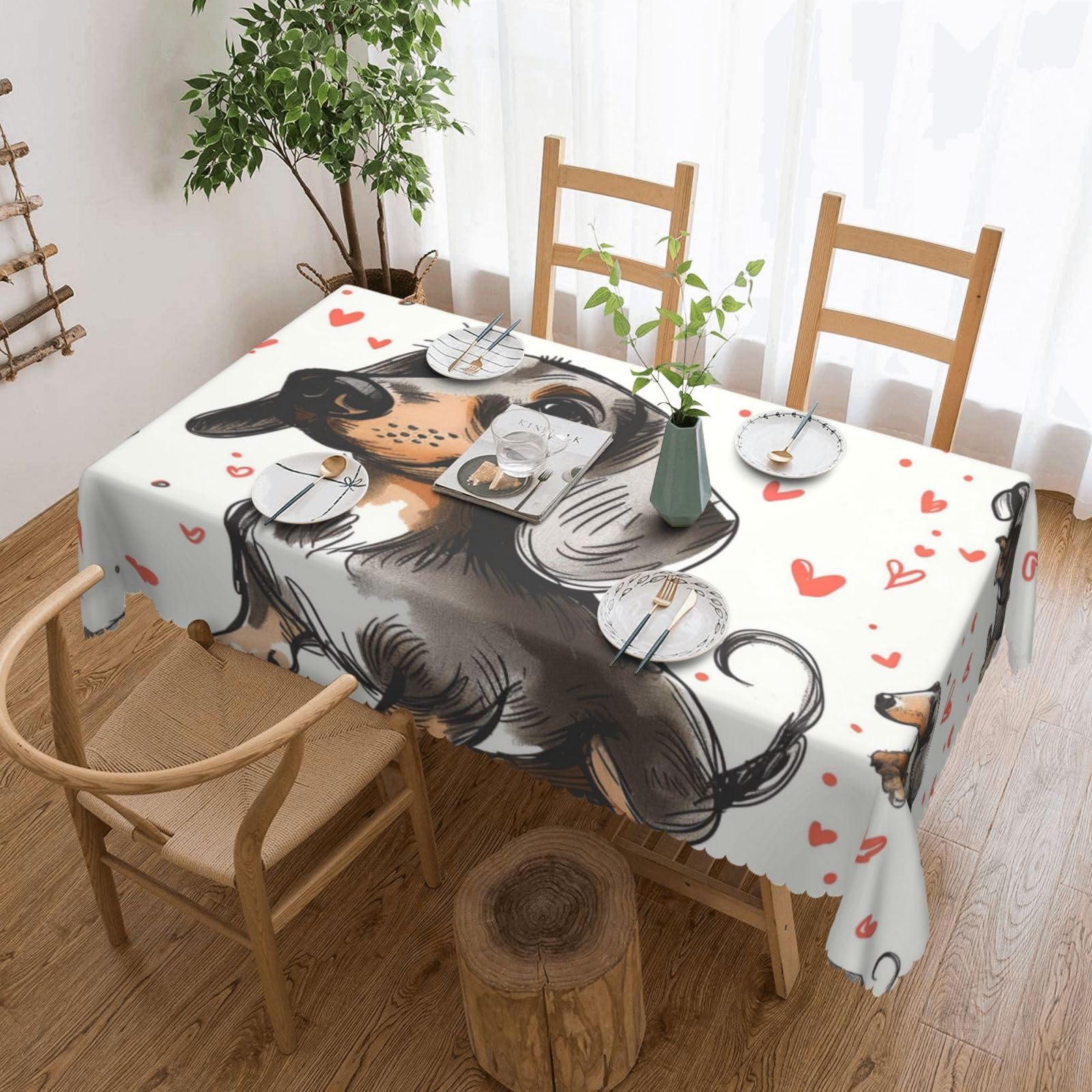 WPKJU I Love My Dog Dachshunds Printed Rectangle Tablecloth 72x54 Inch with Lace Trim, Water-Resistant Washable Table Cover for Farmhouse Weddings, Outdoor Picnics & Holiday Dining