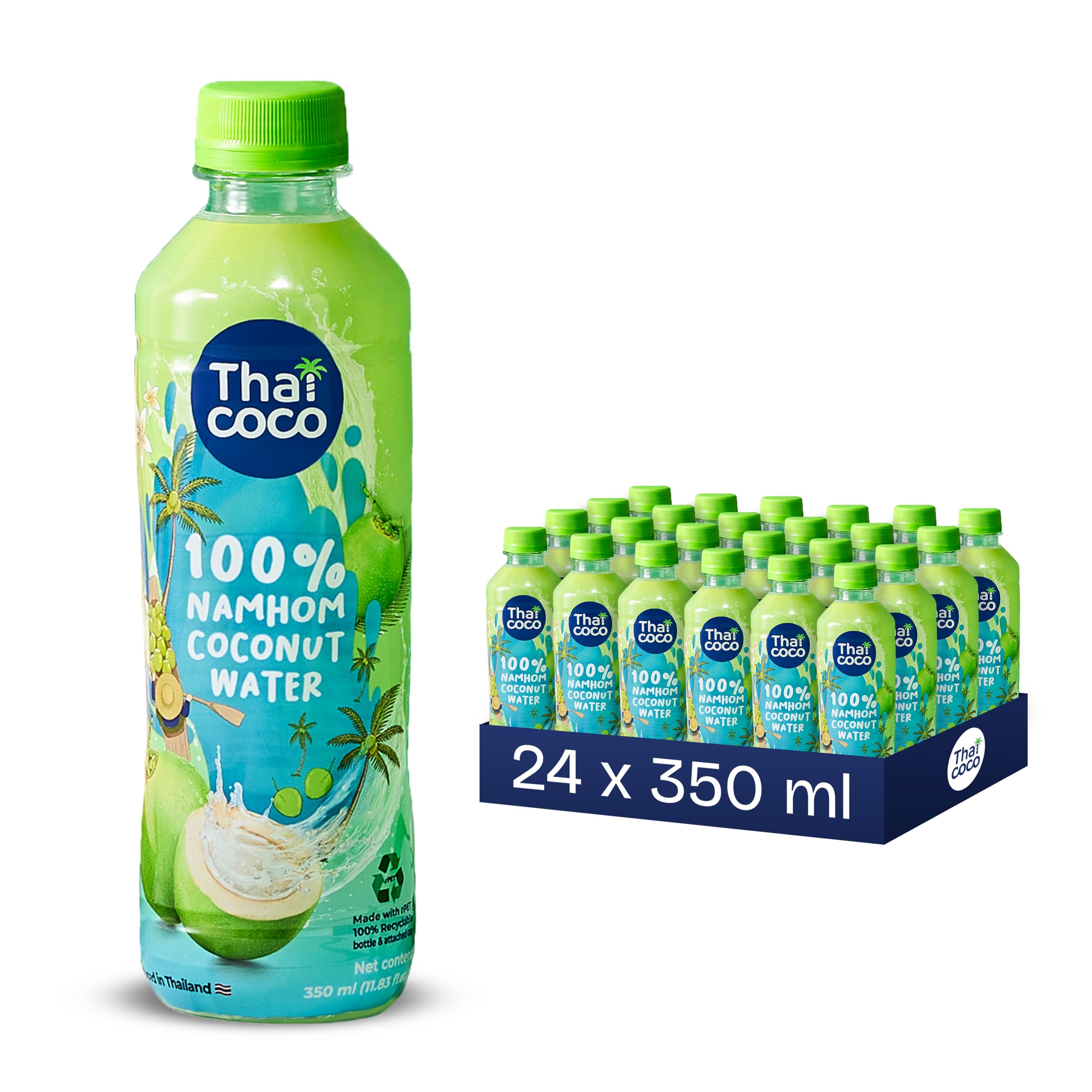 Thai Coco 100% Nam Hom Kokoswasser, natürlich hydrierend mit Elektrolyten, ohne zugesetzten Zucker, ohne Konservierungsstoffe, 24 x 350 ml PET Flasche – Frischer Geschmack aus Nam Hom Kokosnüssen