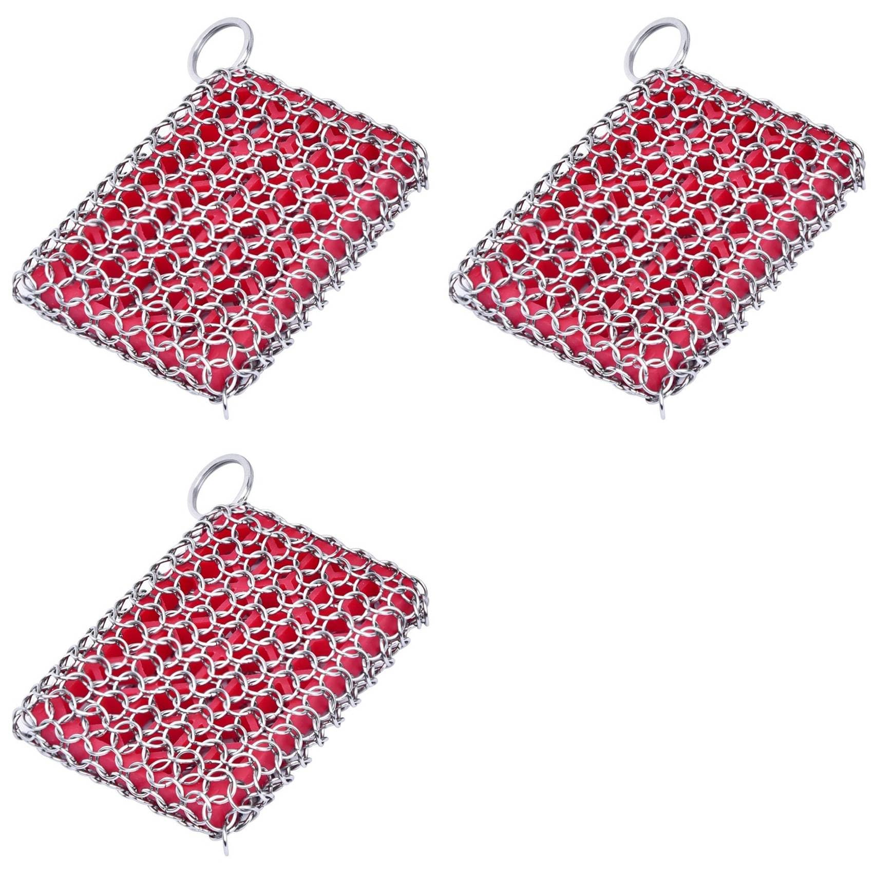 Aundhegrtt 3X Cast Iron Skillet Cleaner,316 Stainless Steel Chainmail Cleaning Scrubber Silicone Scrubber