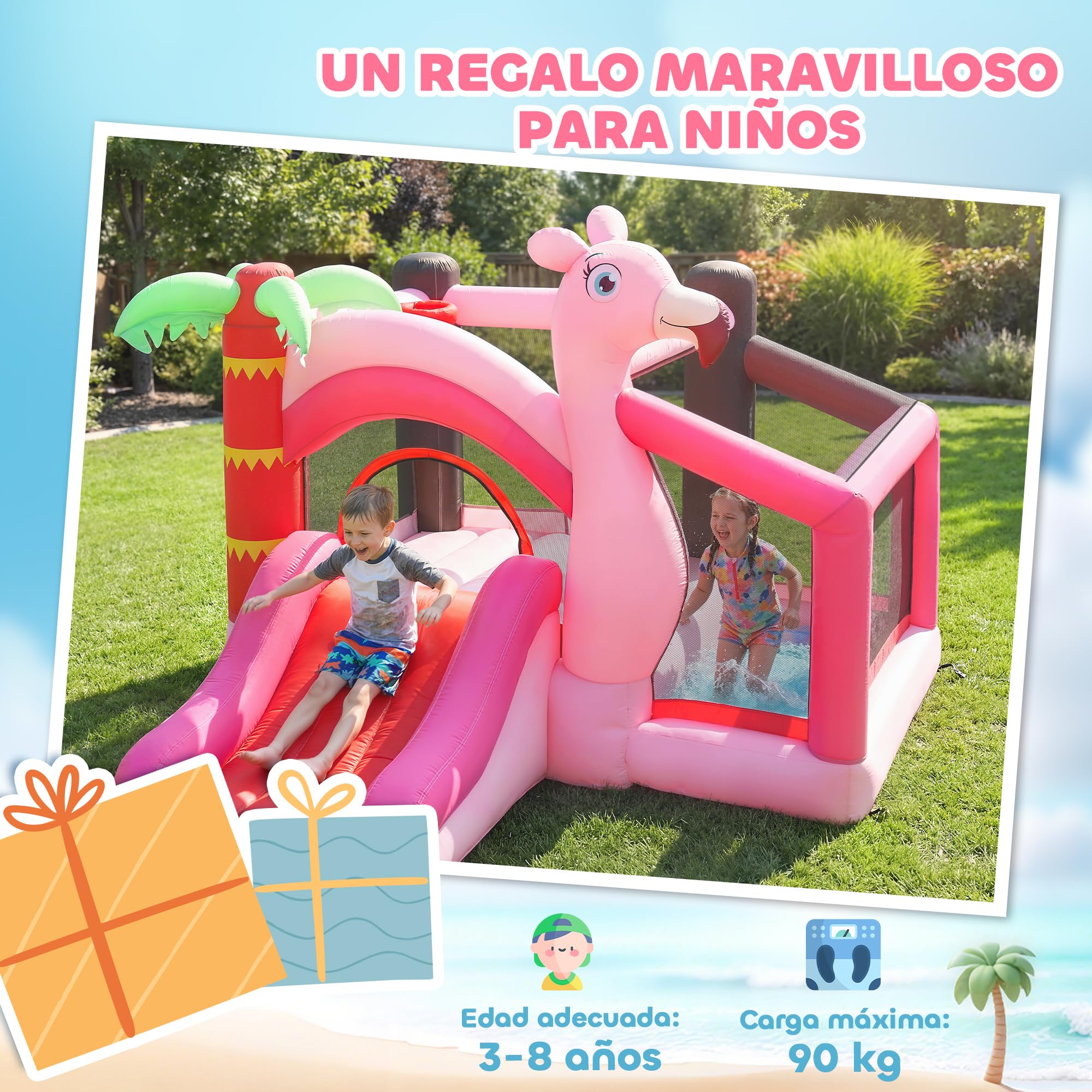 AIYAPLAY Castillo Hinchable para Niños con Soplador, Castillo Hinchable con Tobogán, Cama Elástica, Piscina de Pelotas, Canasta de Baloncesto, Diseño de Flamenco, Interior y Exterior, 255x230x196 cm