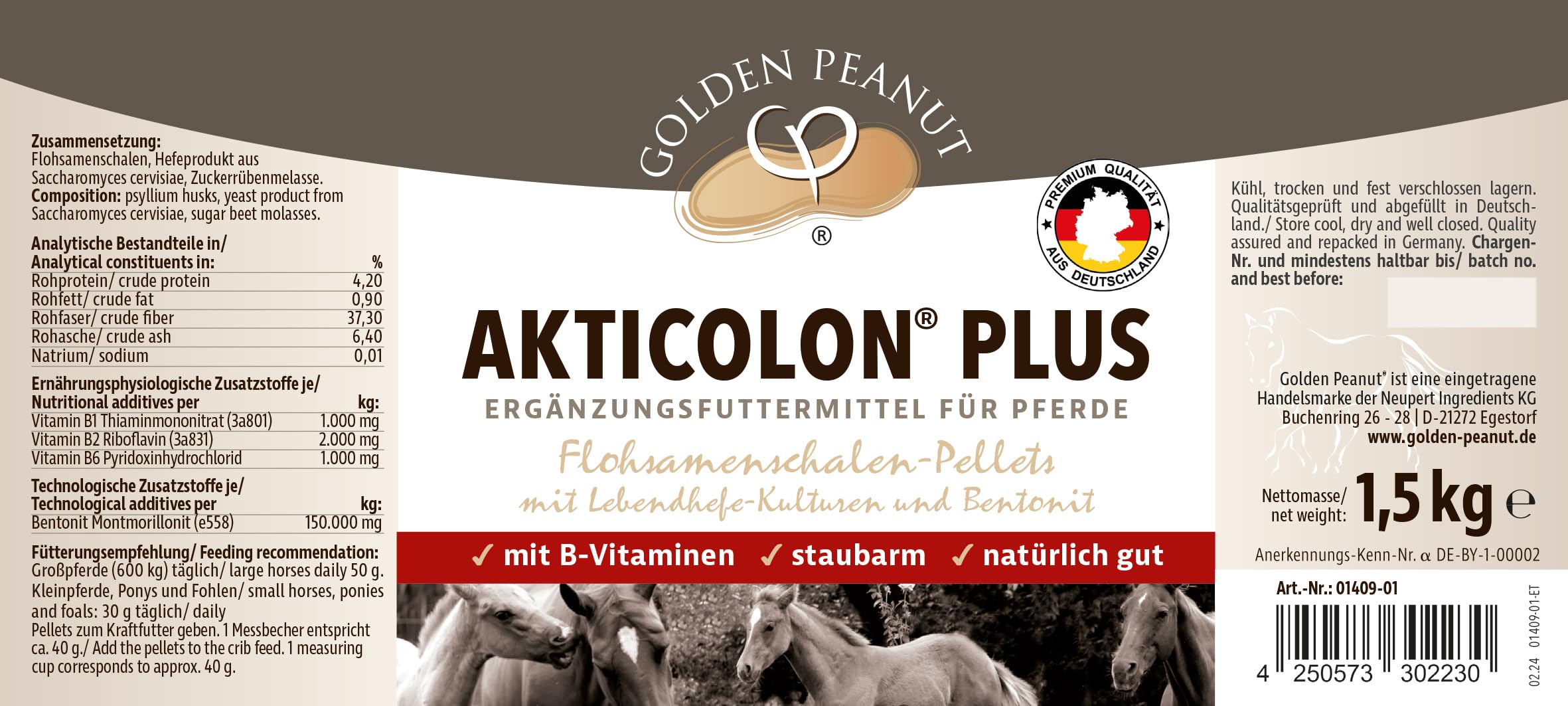 GOLDEN PEANUT Akticolon Plus granulki psyllijne, 1,5 kg, bentonit, prebiotyczny, kompleks witaminy B, naturalny, oryginalny