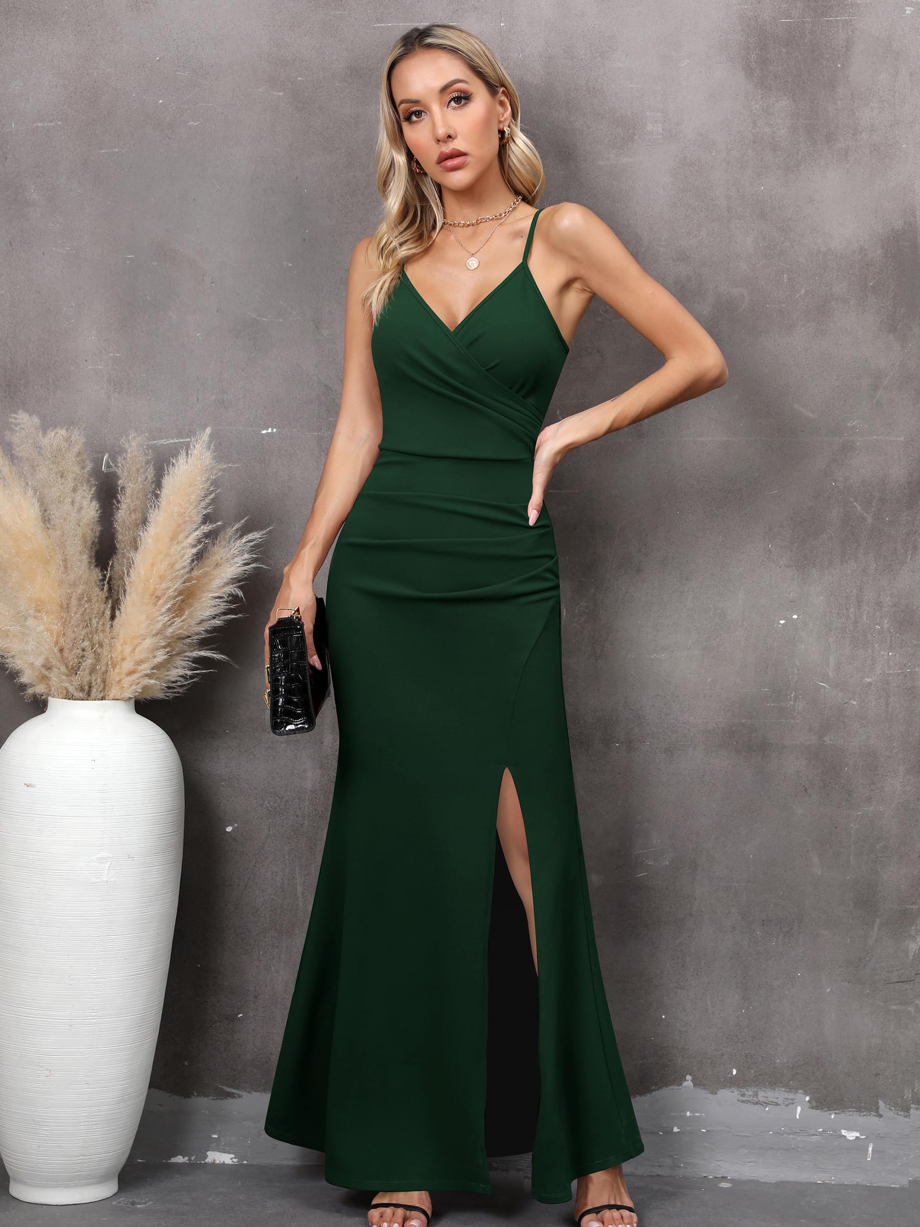 Missufe Damen Abendkleider Partykleid Wickelkleid Spaghettiträger Ärmellos Schlitz Cocktail Maxi Lang Hochzeit Ballkleid
