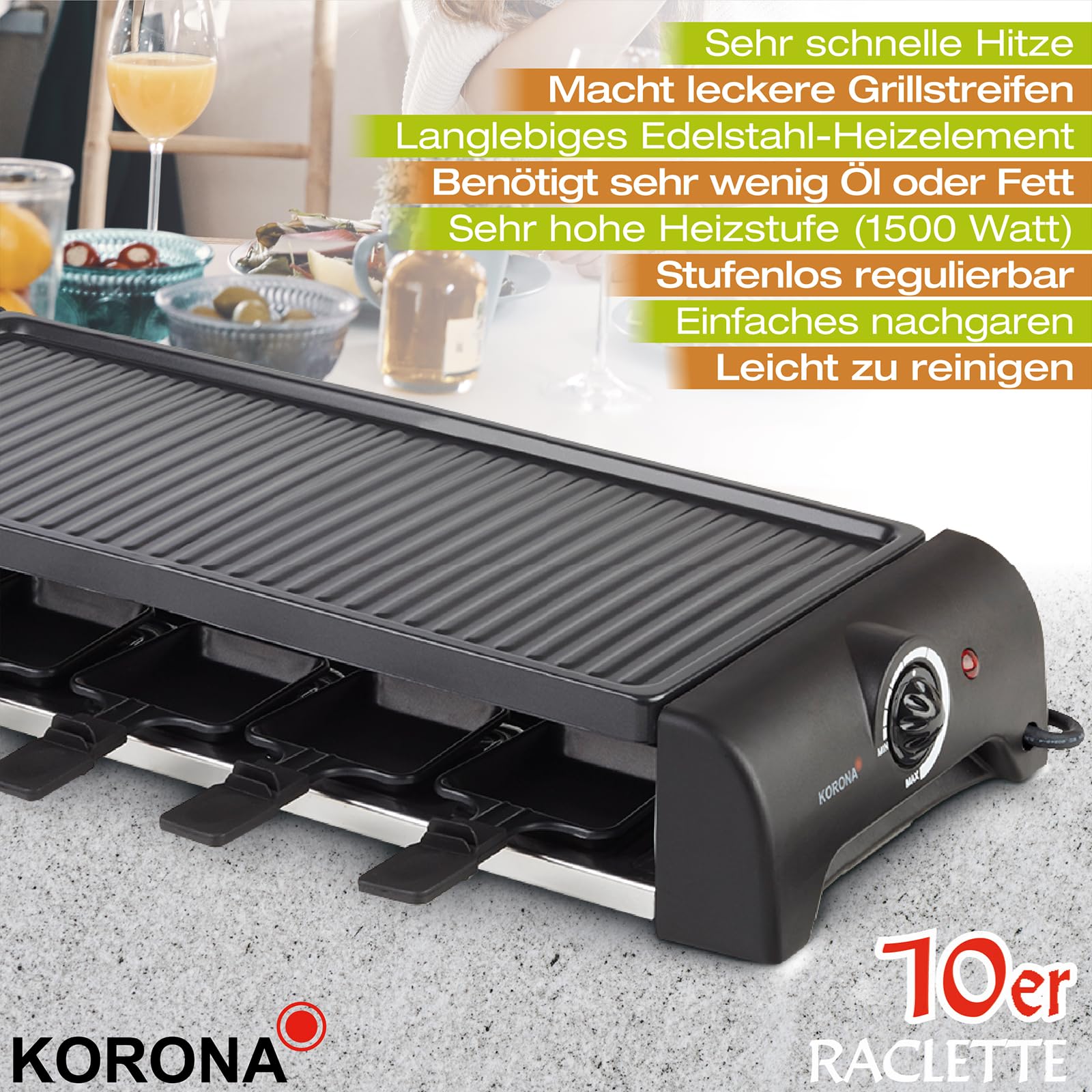 Korona 45060 Raclette per 10 persone | Raclette XXL con 10 padelle e spatole in legno | piastra antiaderente | cavo lungo 1,2 m | 1500 Watt, nero