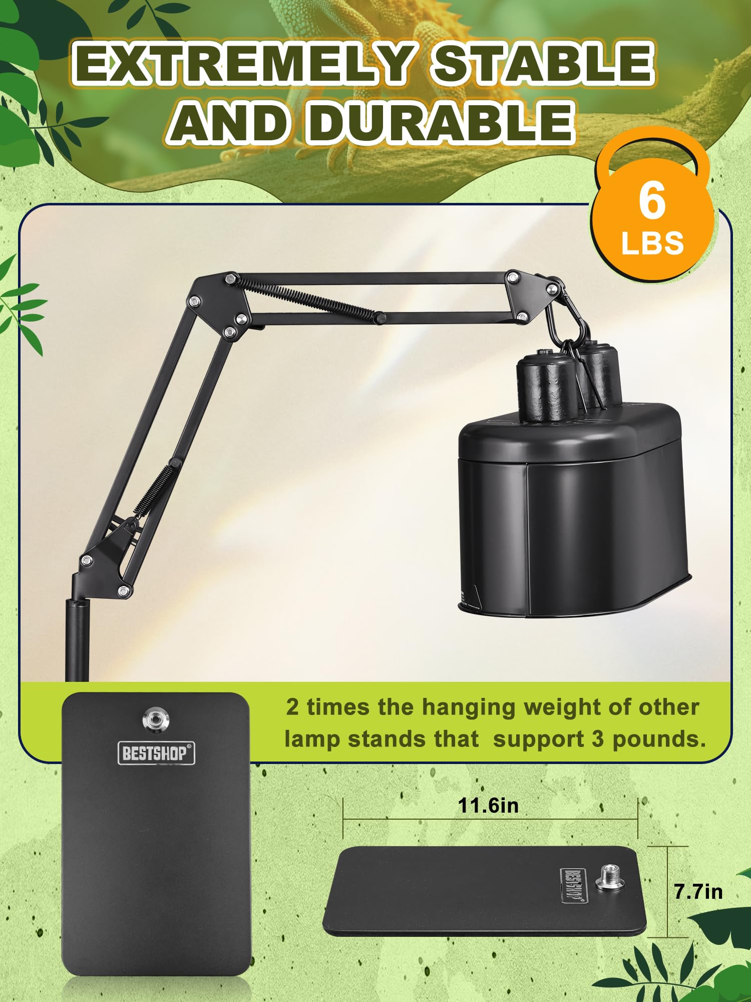 Supporto per lampada per rettili, supporto per lampada termica (da 15,7 a 188,7 cm) con braccio oscillante regolabile a 360° per terrario, supporto per lampada termica per draghi barbuti,