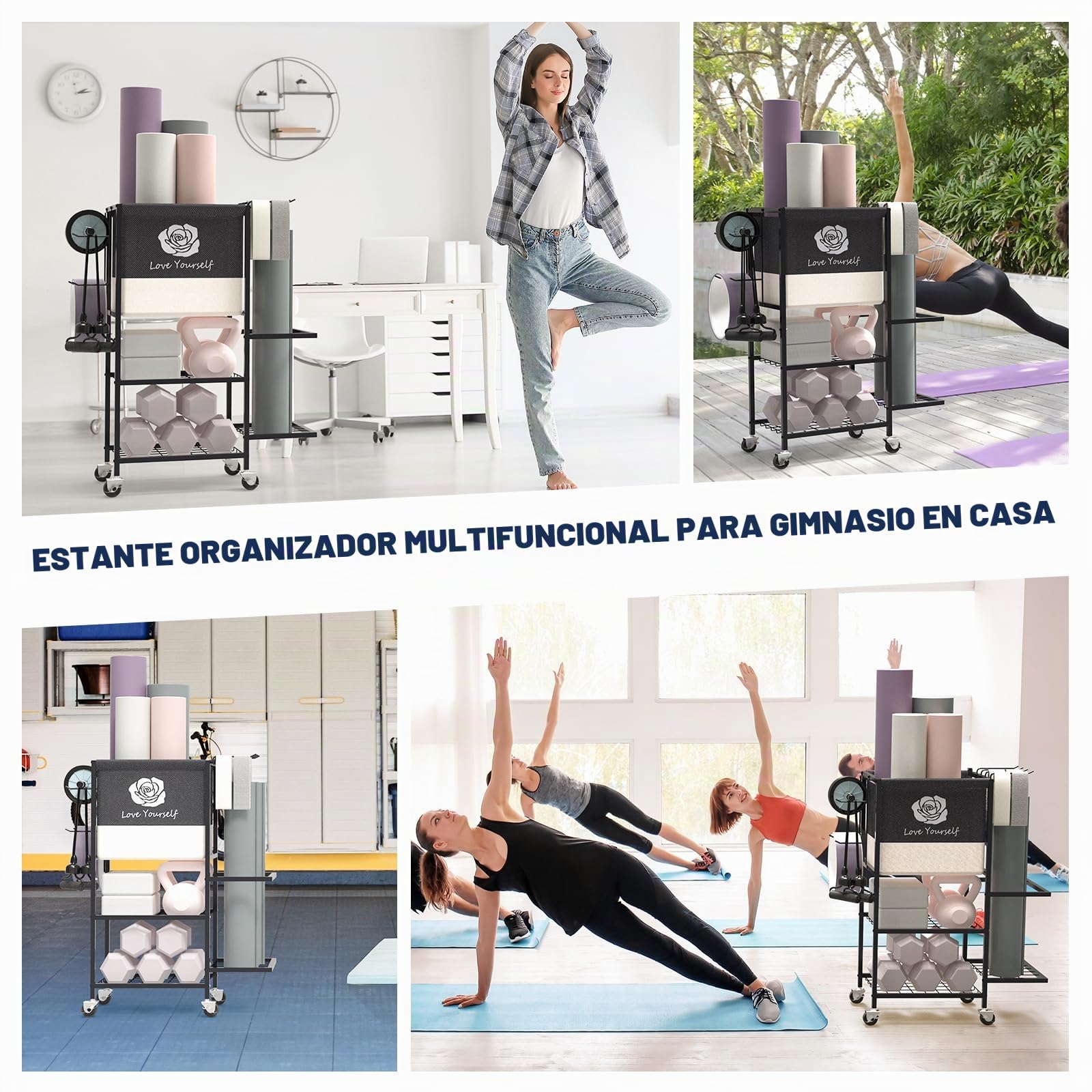 Estante de almacenamiento para esterilla de yoga, estante de almacenamiento de gimnasio en casa, organizador de almacenamiento de equipo de entrenamiento, estante de pesas con ruedas para esterilla de