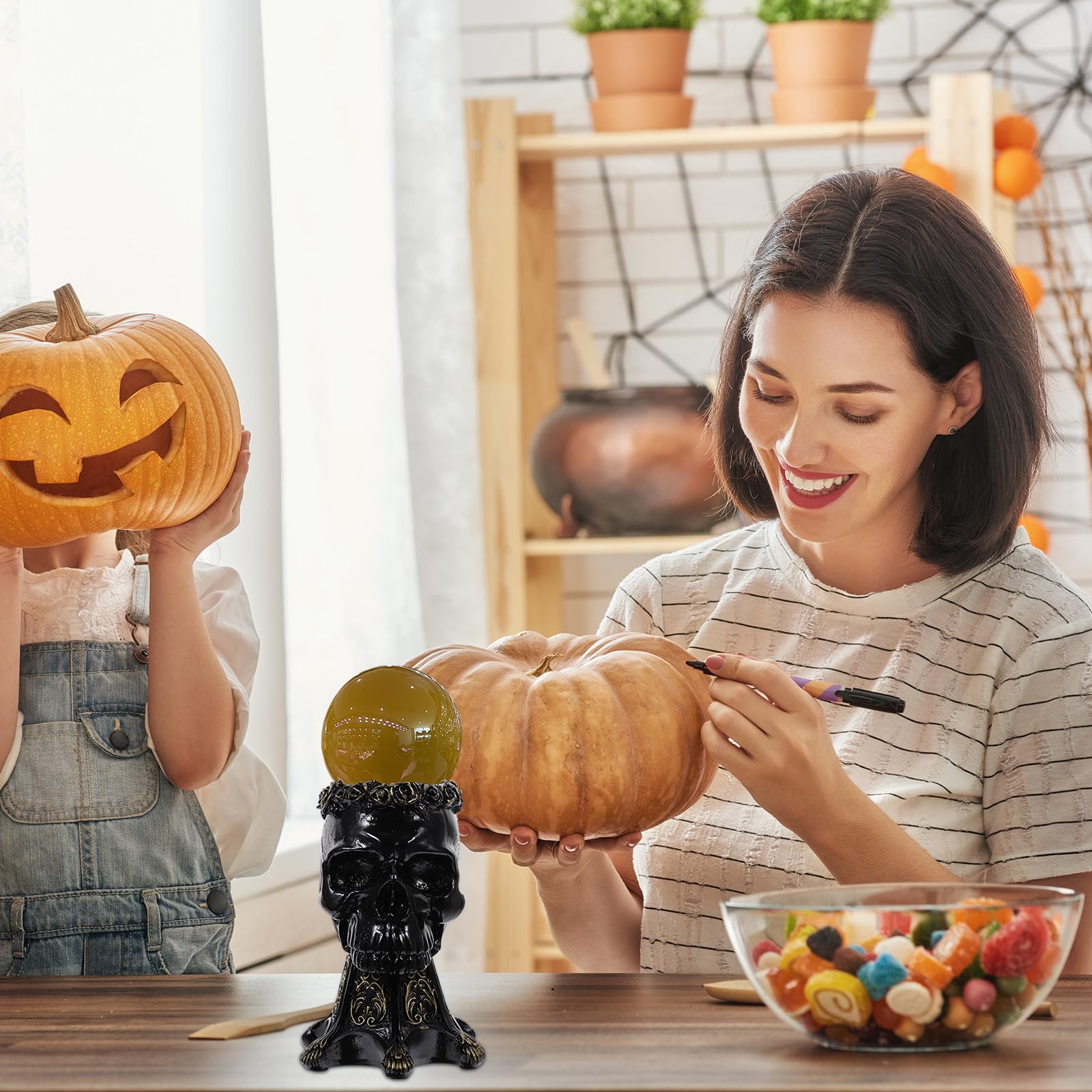 Escultura de Calavera de Resina Negra Base Soporte para Bola de Cristal, Decoración Única para Fiesta de Halloween y Hogar