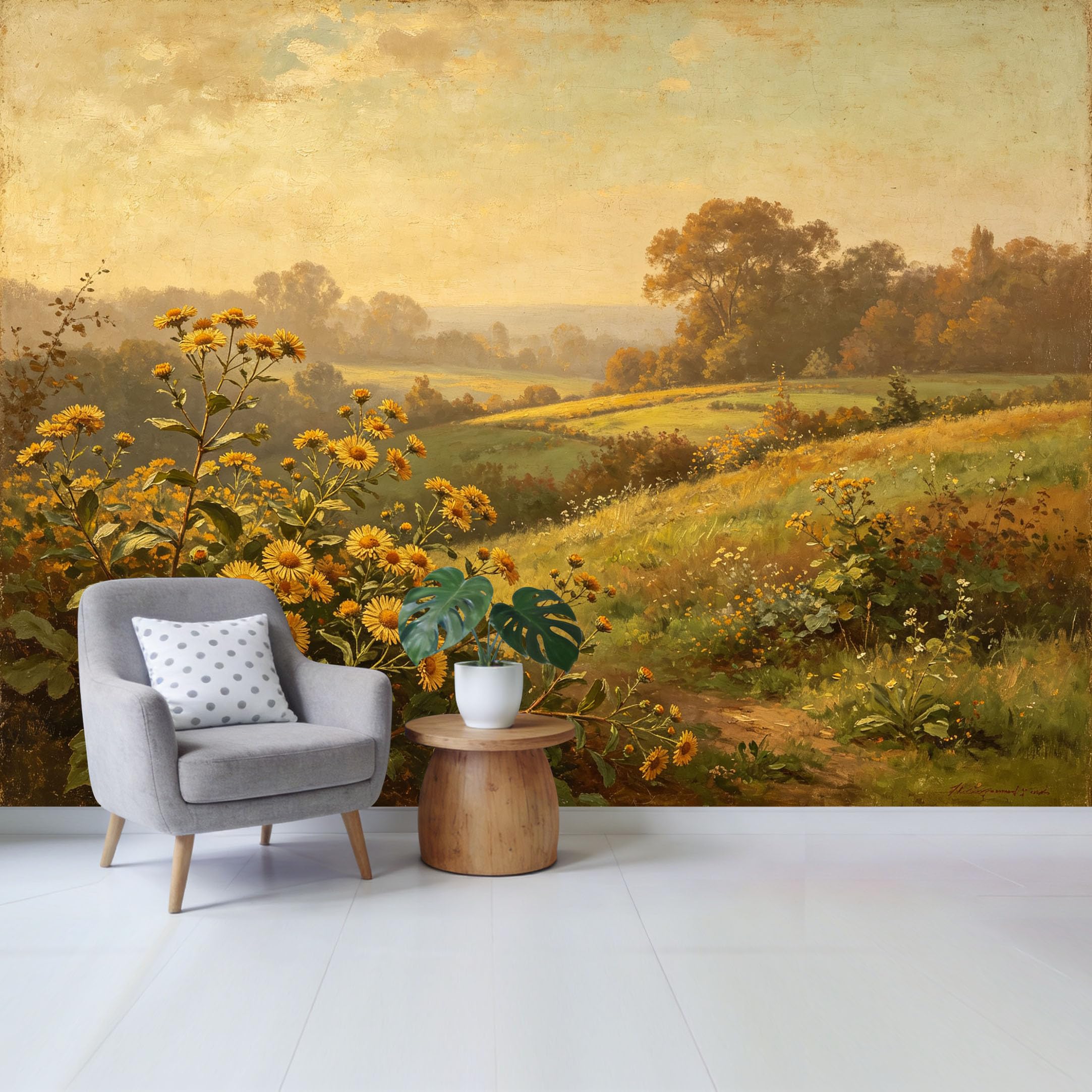 Qzlithotic Yq2605250521 Custom Size Wall Mural Golden Autumn Meadow Landscape Wildflower Field Oil Painting Style Selfadhesive Wall Fabric Removable Wallpaper For Home Office Decor