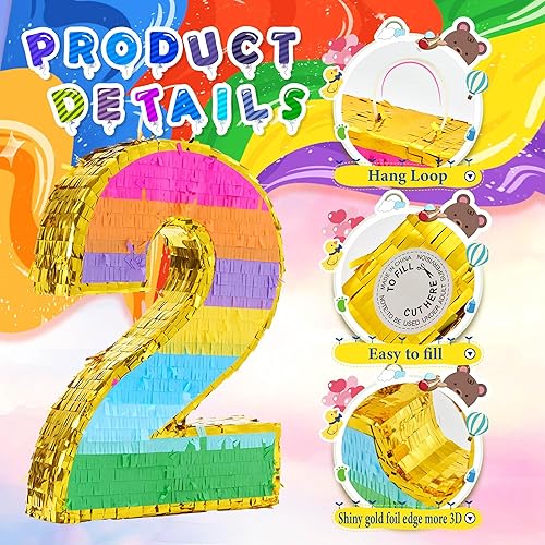 Miniatura 3 de MUWOOB Piñata arcoíris número 2 para decoraciones de fiesta de segundo cumpleaños, piñata de cumpleaños con palo y confeti, celebración de